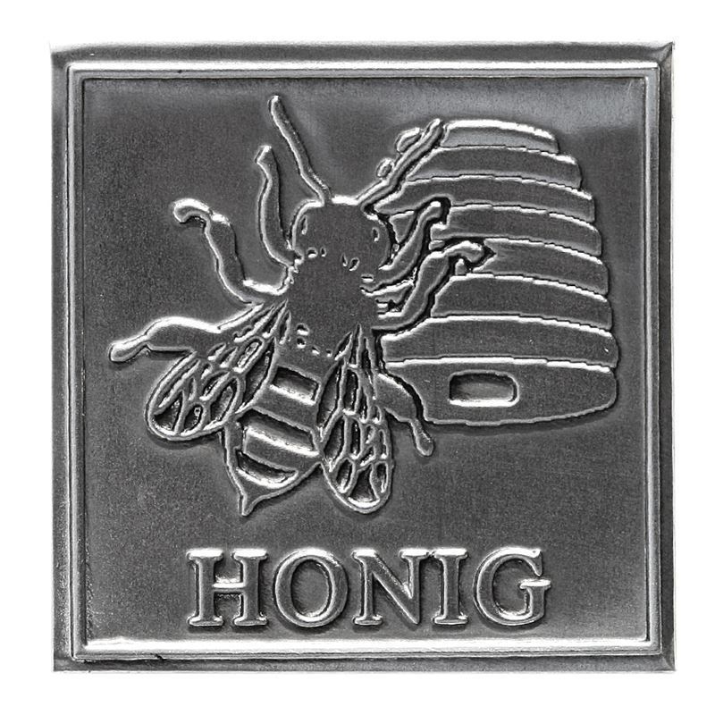 Tennetikett 'Honung', kvadratisk, metall, silver