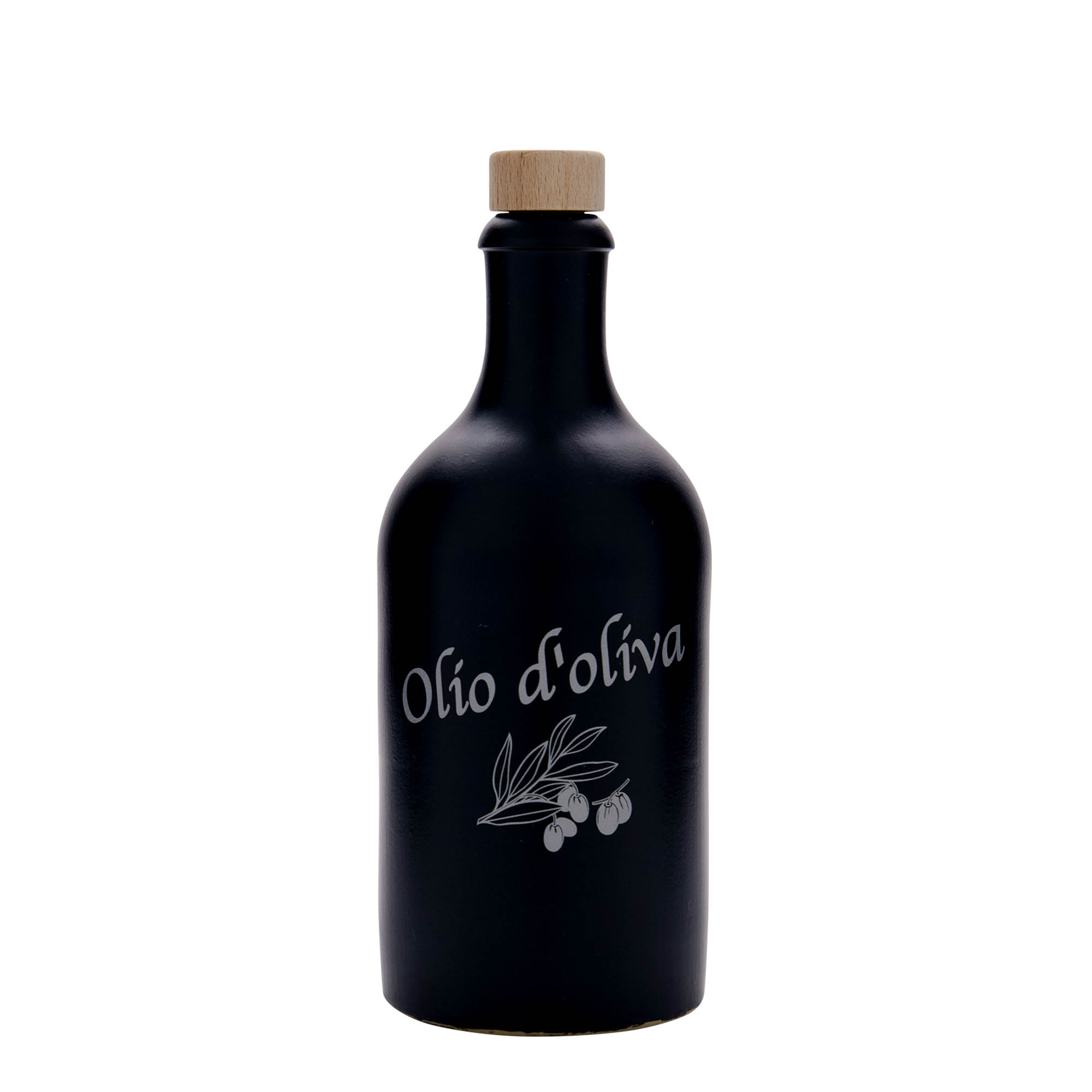 500 ml lerkrus, motiv: Olio d'Oliva, stengods, svart, mynning: kork