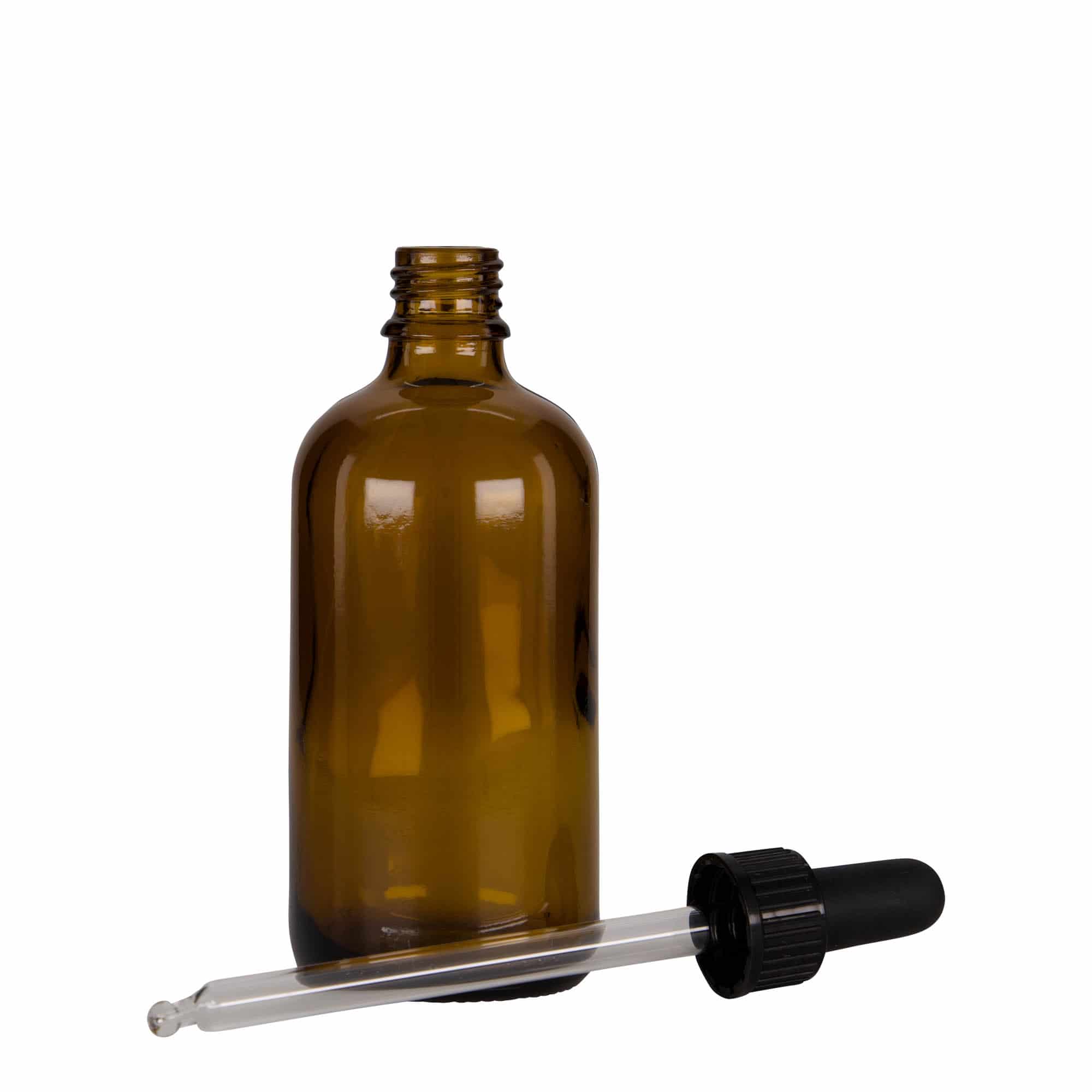 100 ml flaska med pipett, medicin, glas, brun-svart, mynning: DIN 18