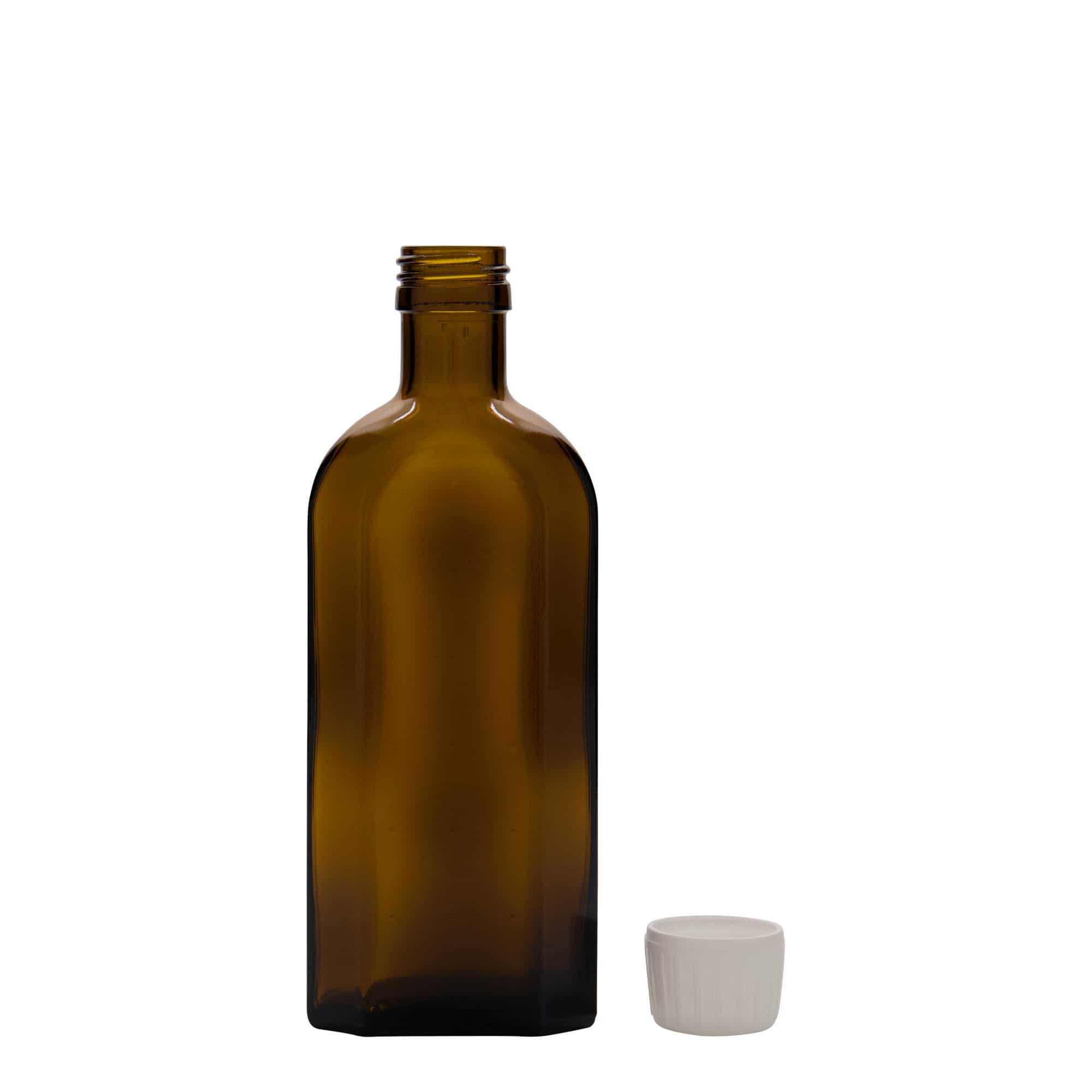 250 ml medicinflaska Meplat, oval, glas, brun, mynning: PP 28