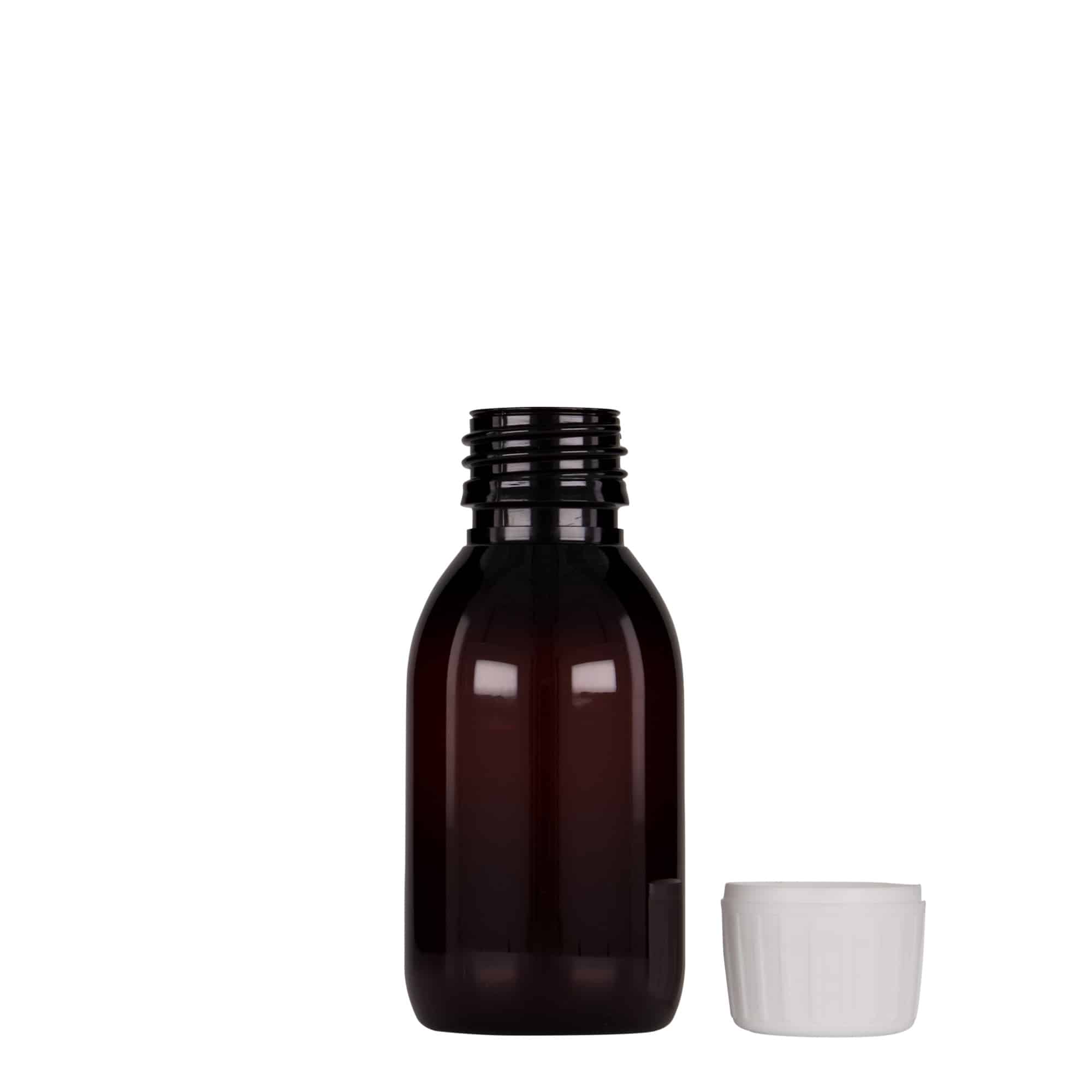 100 ml PET-medicinflaska, brun, plast, mynning: PP 28