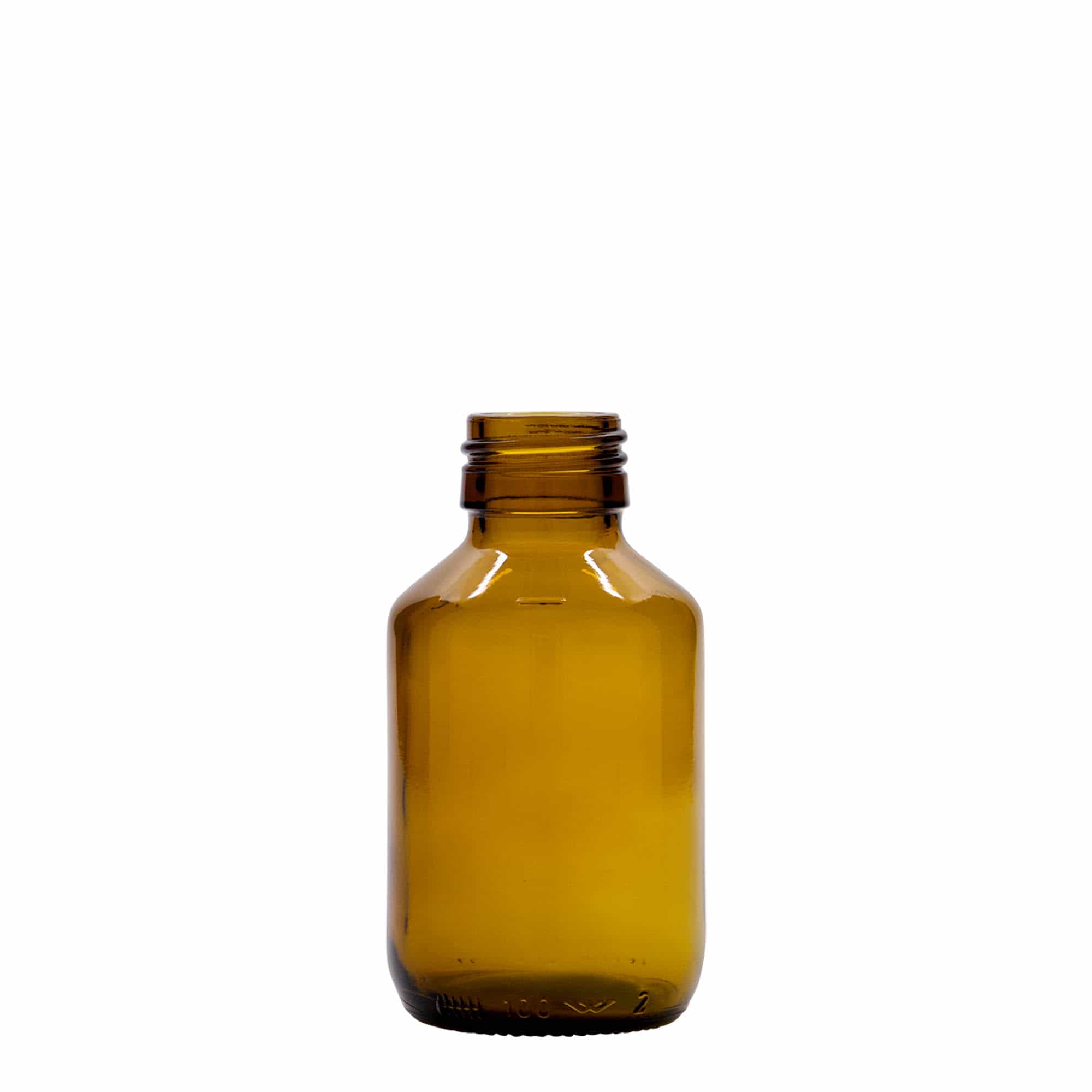 100 ml medicinflaska, brun, glas, öppning: PP 28