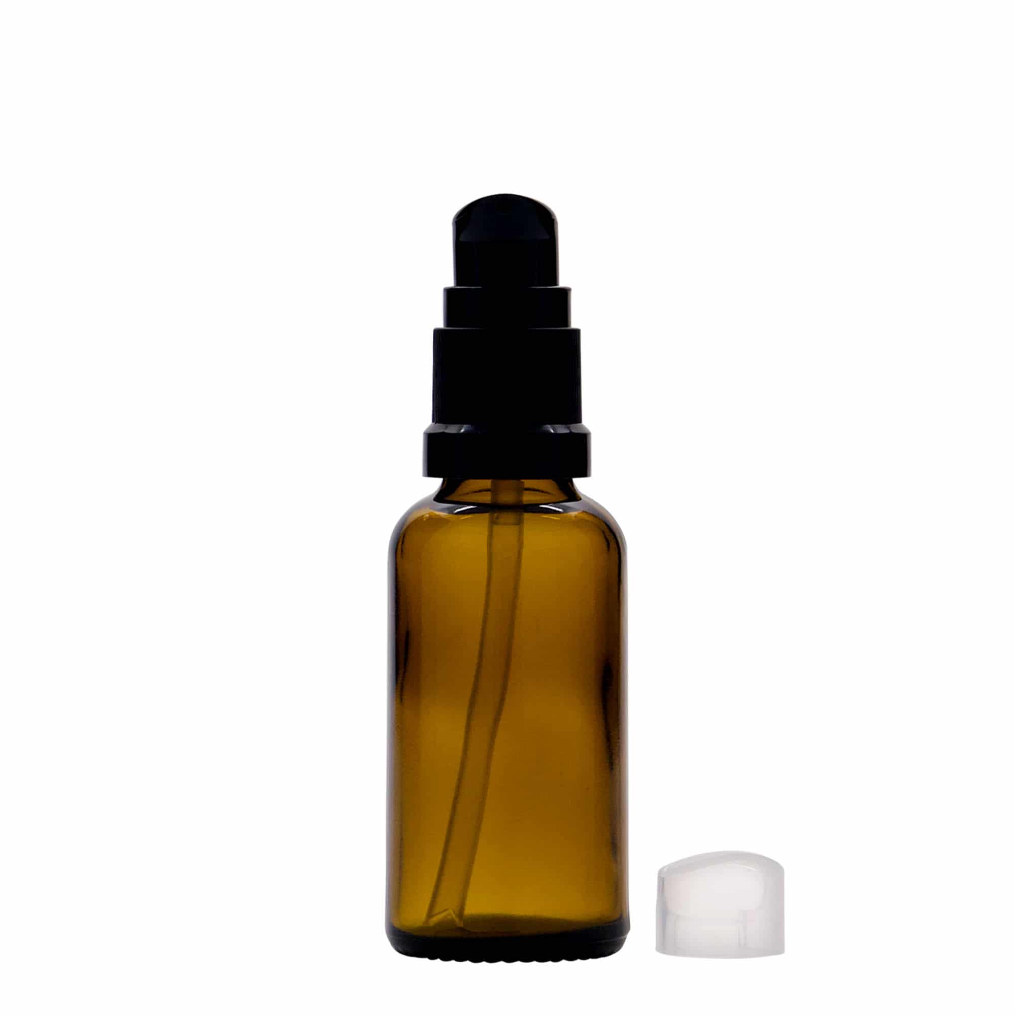 30 ml medicinflaska med lotionpump, glas, brun, mynning: DIN 18