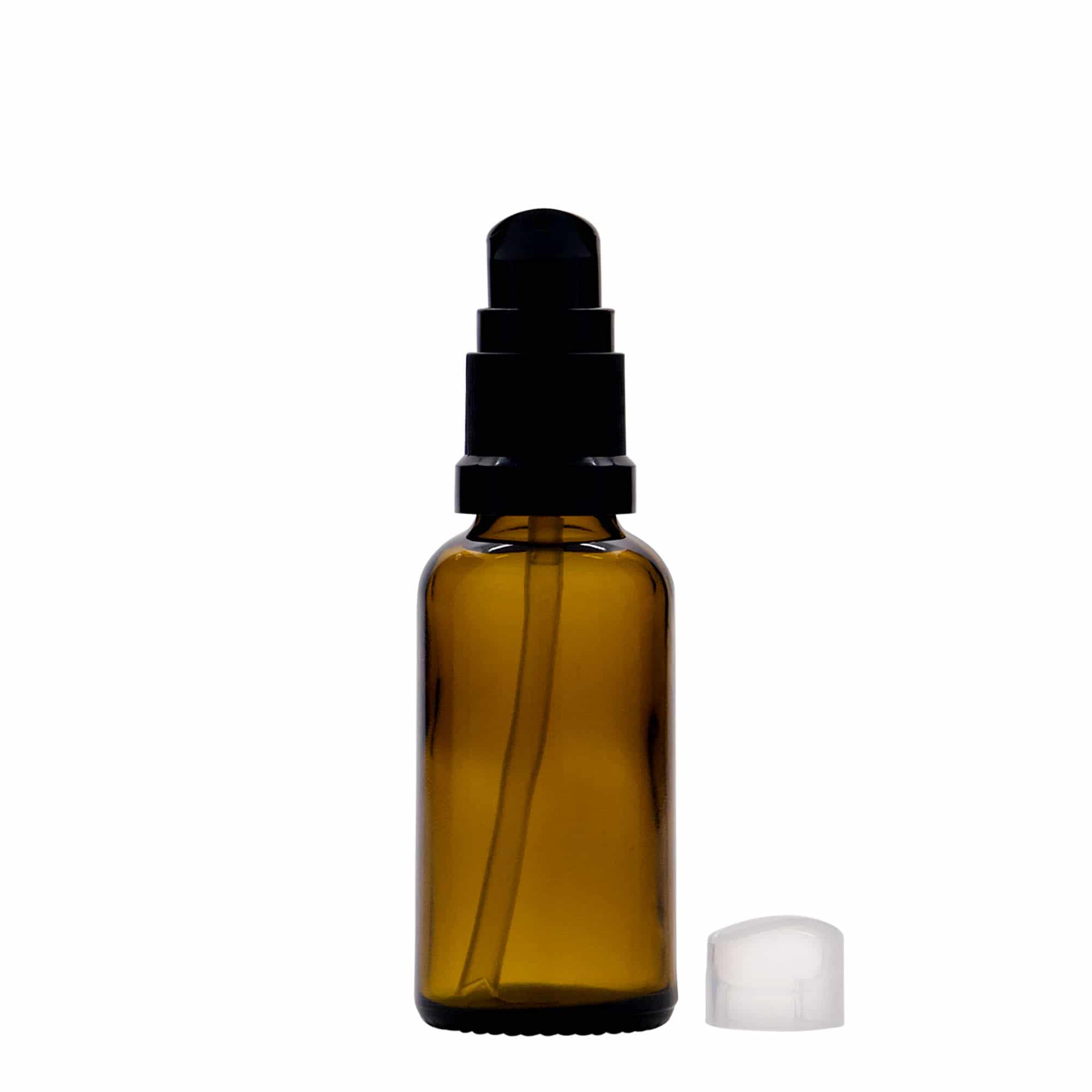 30 ml medicinflaska med lotionpump, glas, brun, mynning: DIN 18