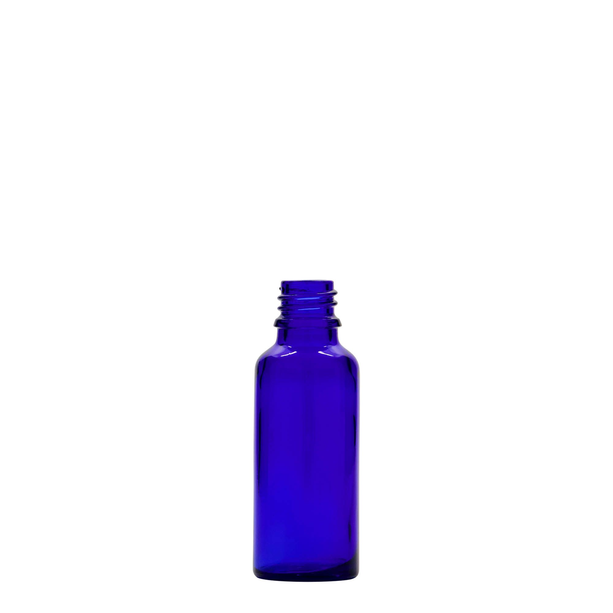 30 ml medicinflaska, glas, kungligt blå, mynning: DIN 18 30 ml medicinflaska, glas, kungligt blå, mynning: DIN 18