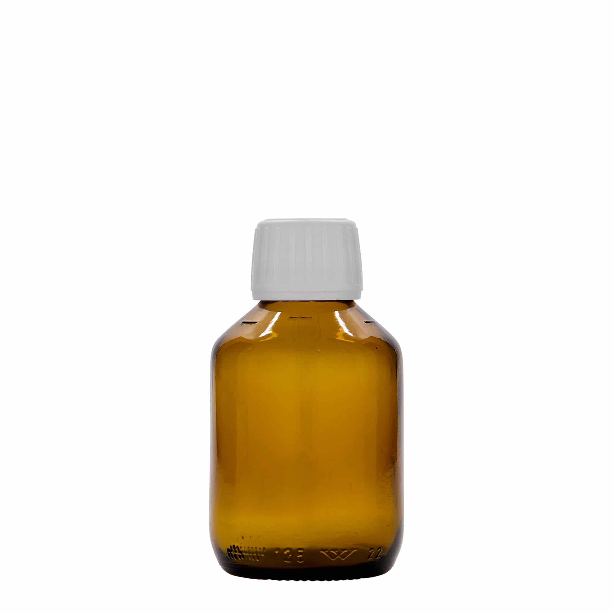 125 ml medicinflaska, brun, glas, mynning: PP 28