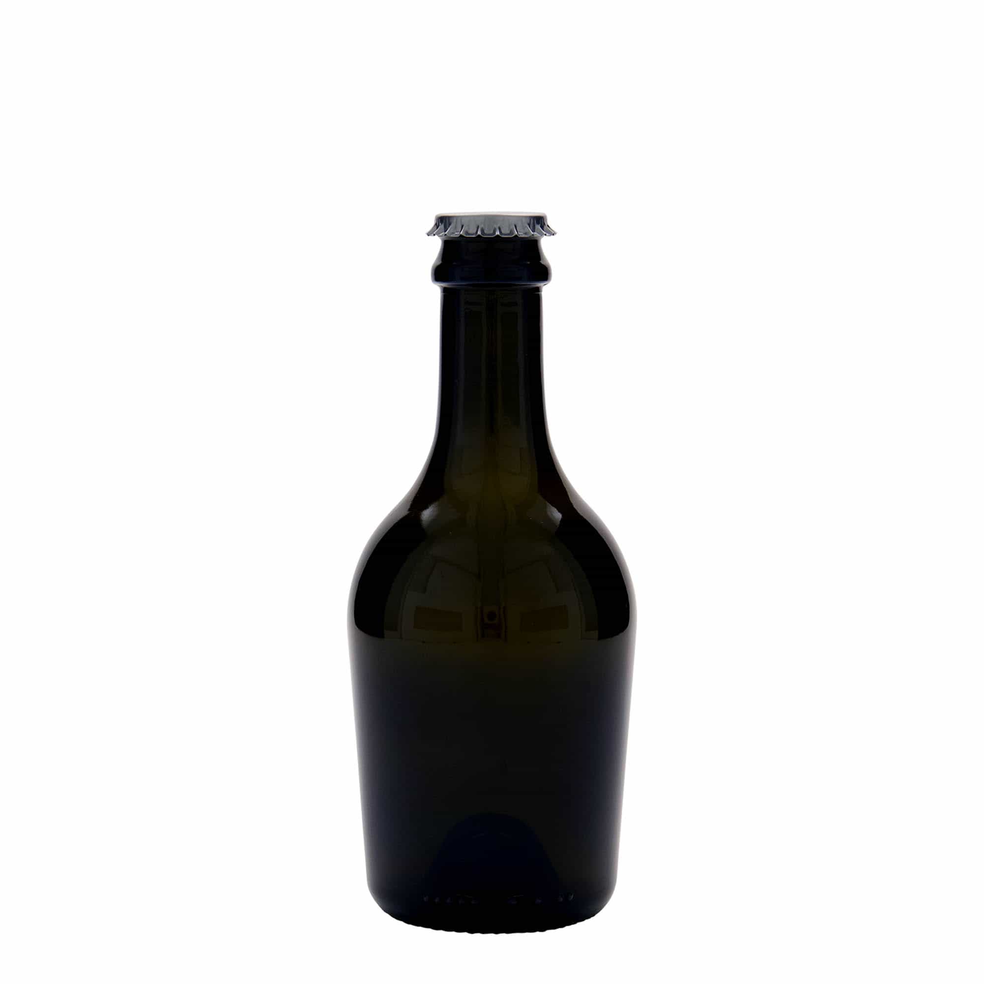 330 ml öl-/champagneflaska 'Butterfly', glas, antikgrön, mynning: kronkapsyl
