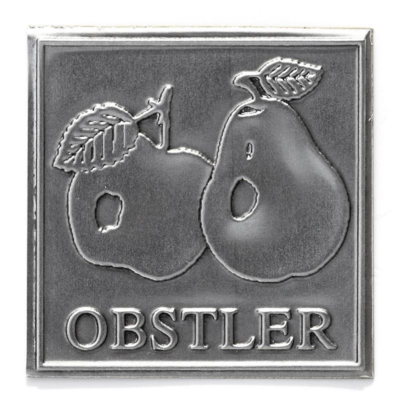 Tennetikett 'Obstler', kvadratisk, metall, silver