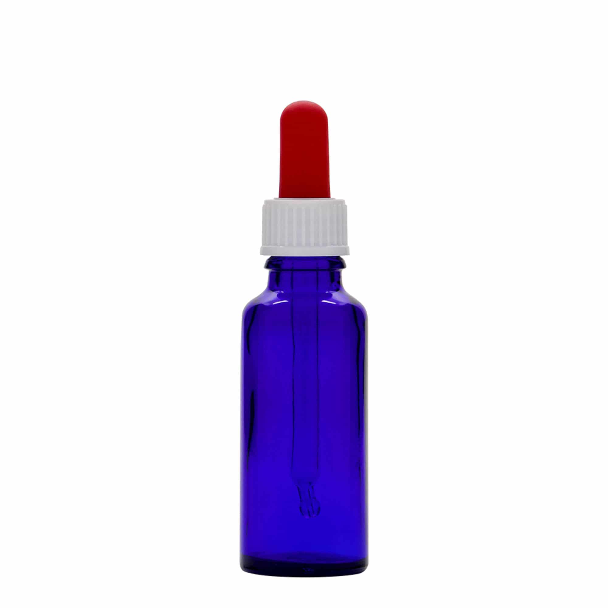 30 ml flaska med pipett, medicin, glas, kungsblå-röd, mynning: DIN 18 30 ml flaska med pipett, medicin, glas, kungsblå-röd, mynning: DIN 18
