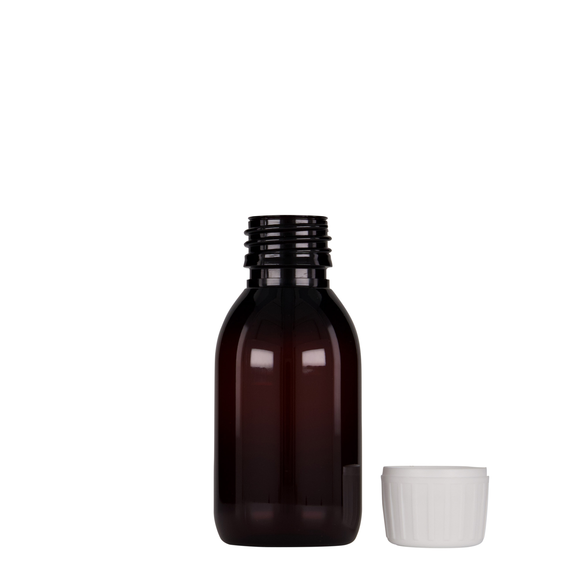 100 ml PET-medicinflaska, brun, plast, öppning: PP 28