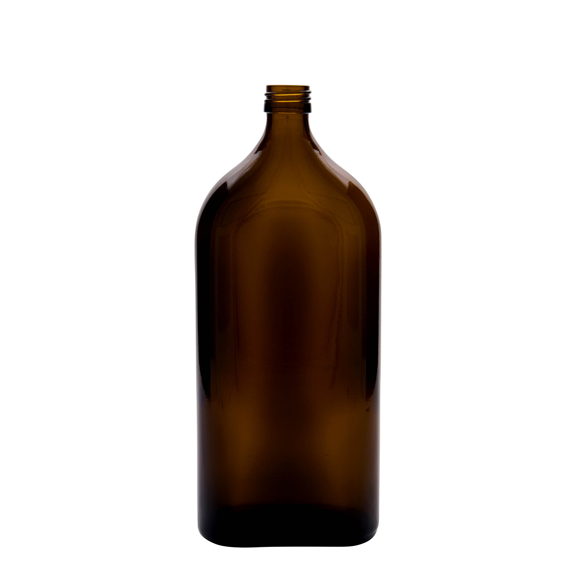 1.000 ml medicinflaska Meplat, oval, glas, brun, mynning: PP 28