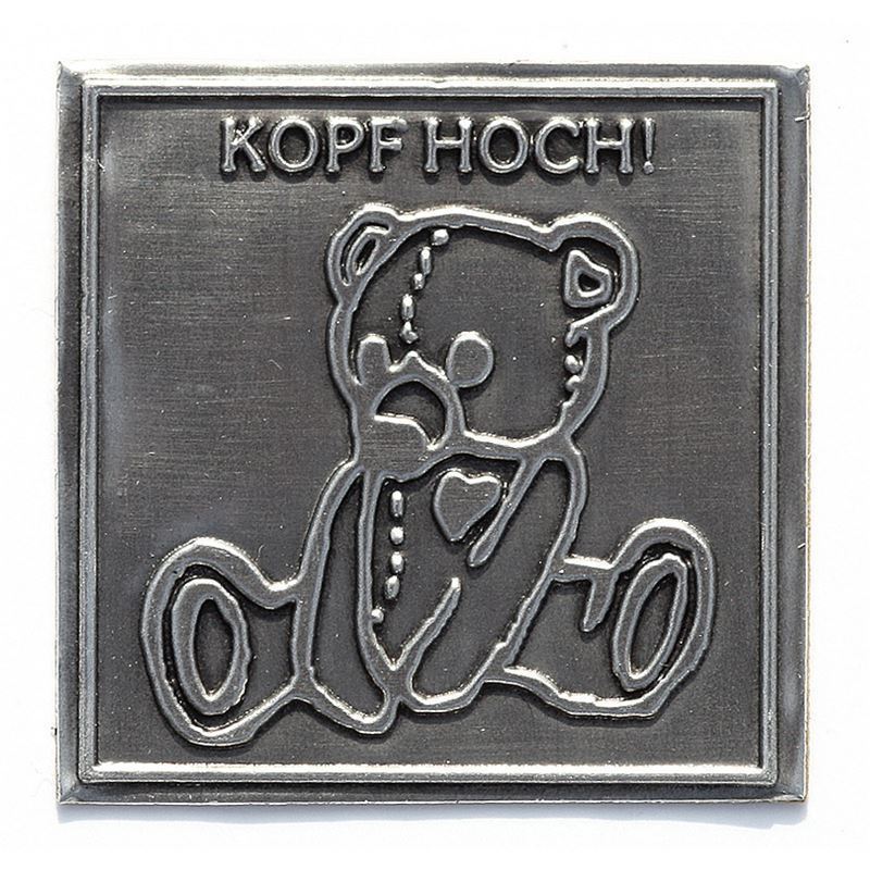 Tennetikett 'Håll modet uppe', kvadratisk, metall, silver