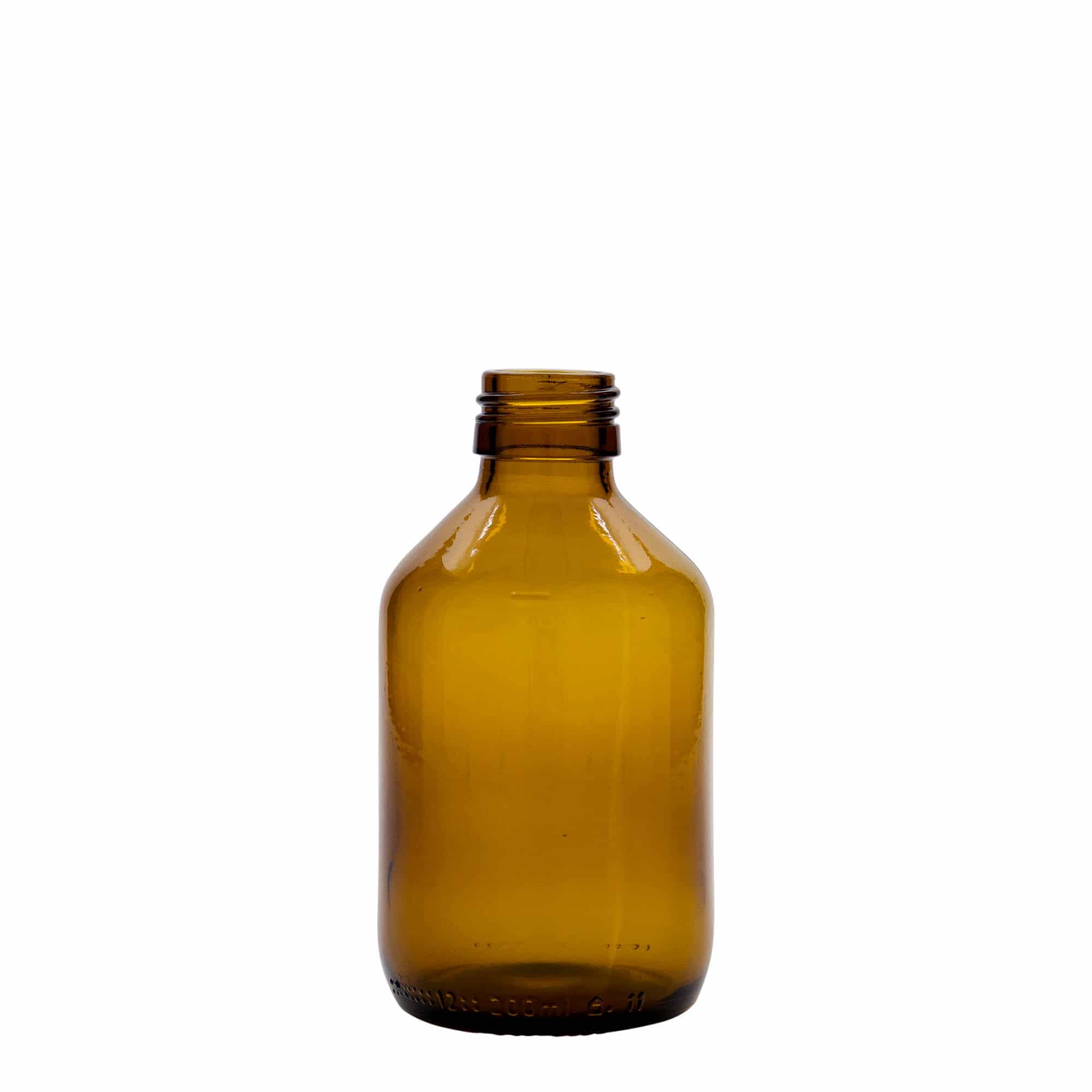 200 ml medicinflaska, brun, glas, mynning: PP 28
