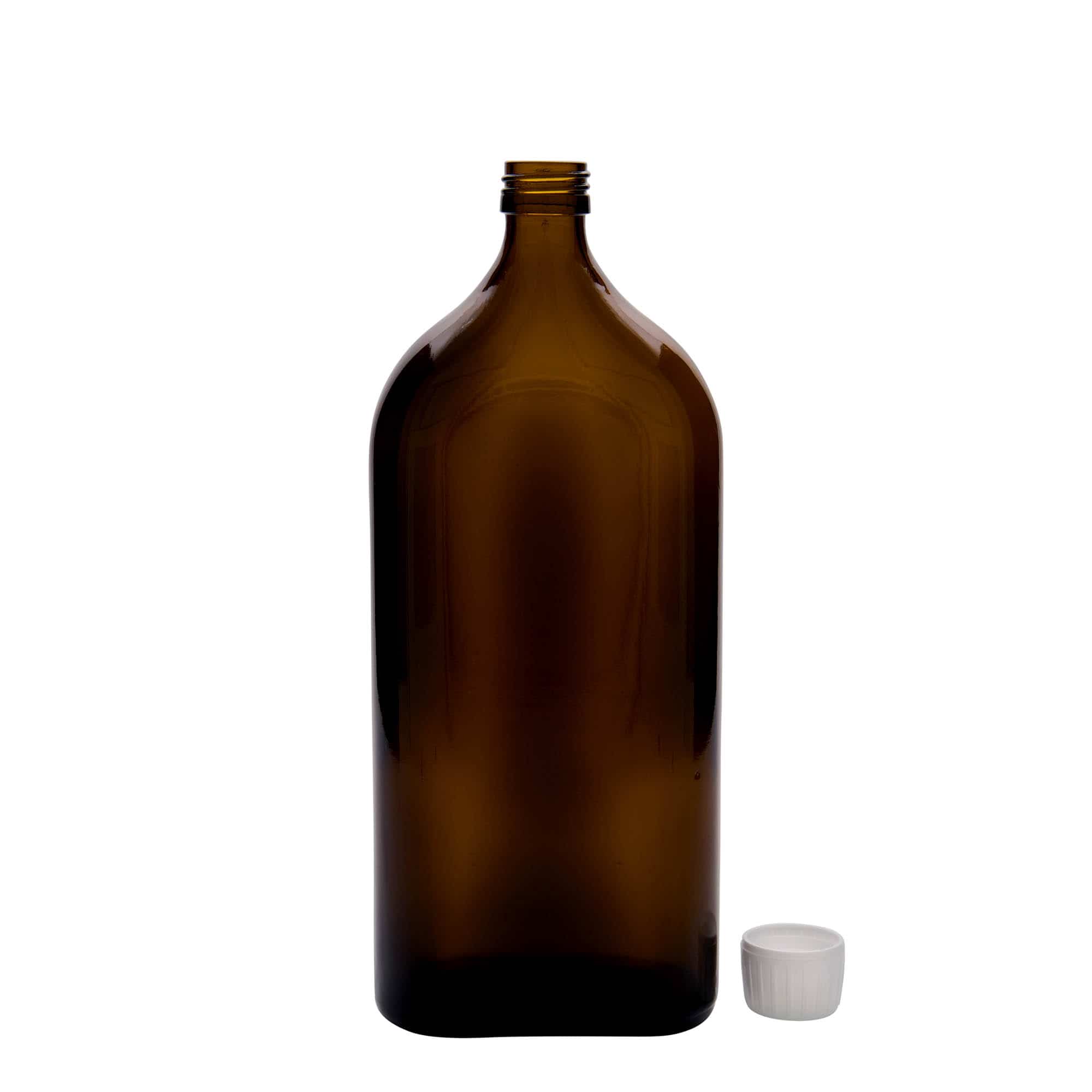 1.000 ml medicinflaska Meplat, oval, glas, brun, mynning: PP 28