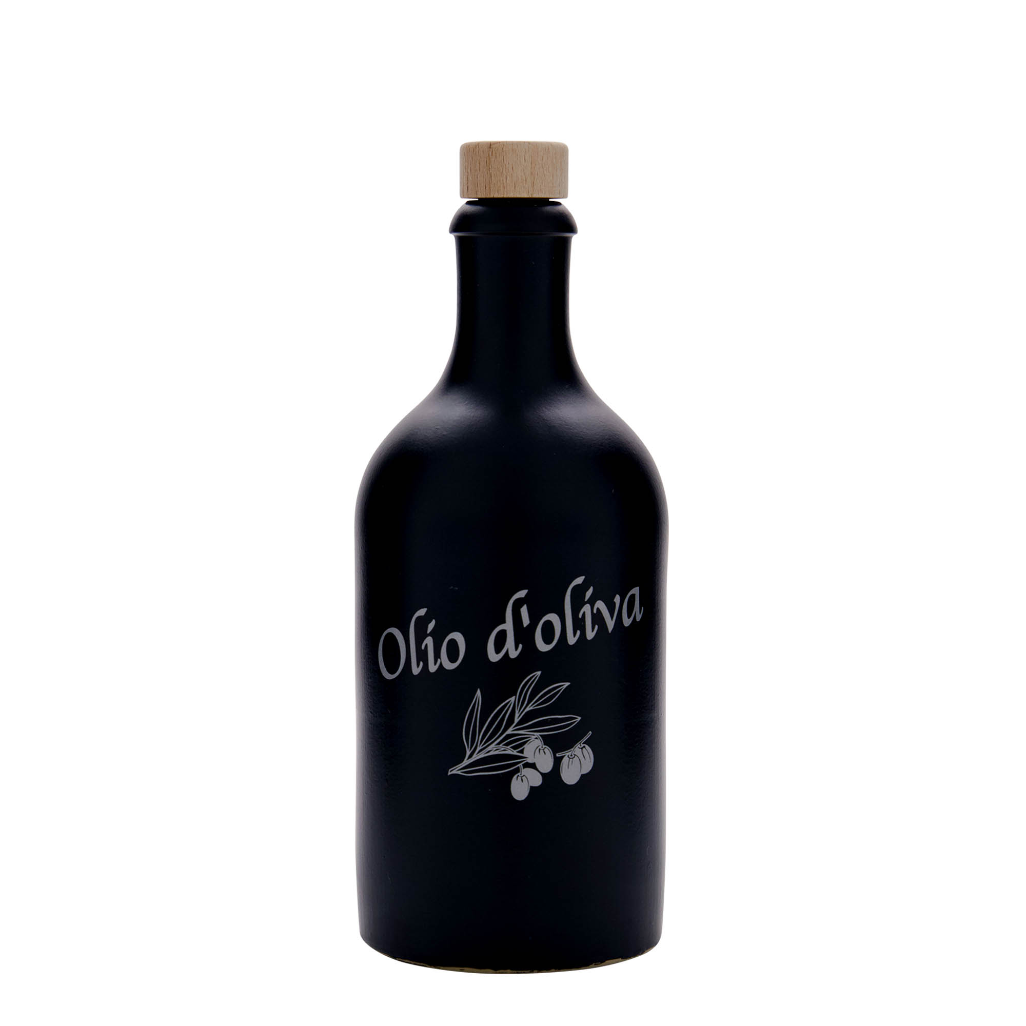 500 ml lerkrus, motiv: Olio d'Oliva, stengods, svart, mynning: kork 500 ml lerkrus, motiv: Olio d'Oliva, stengods, svart, mynning: kork