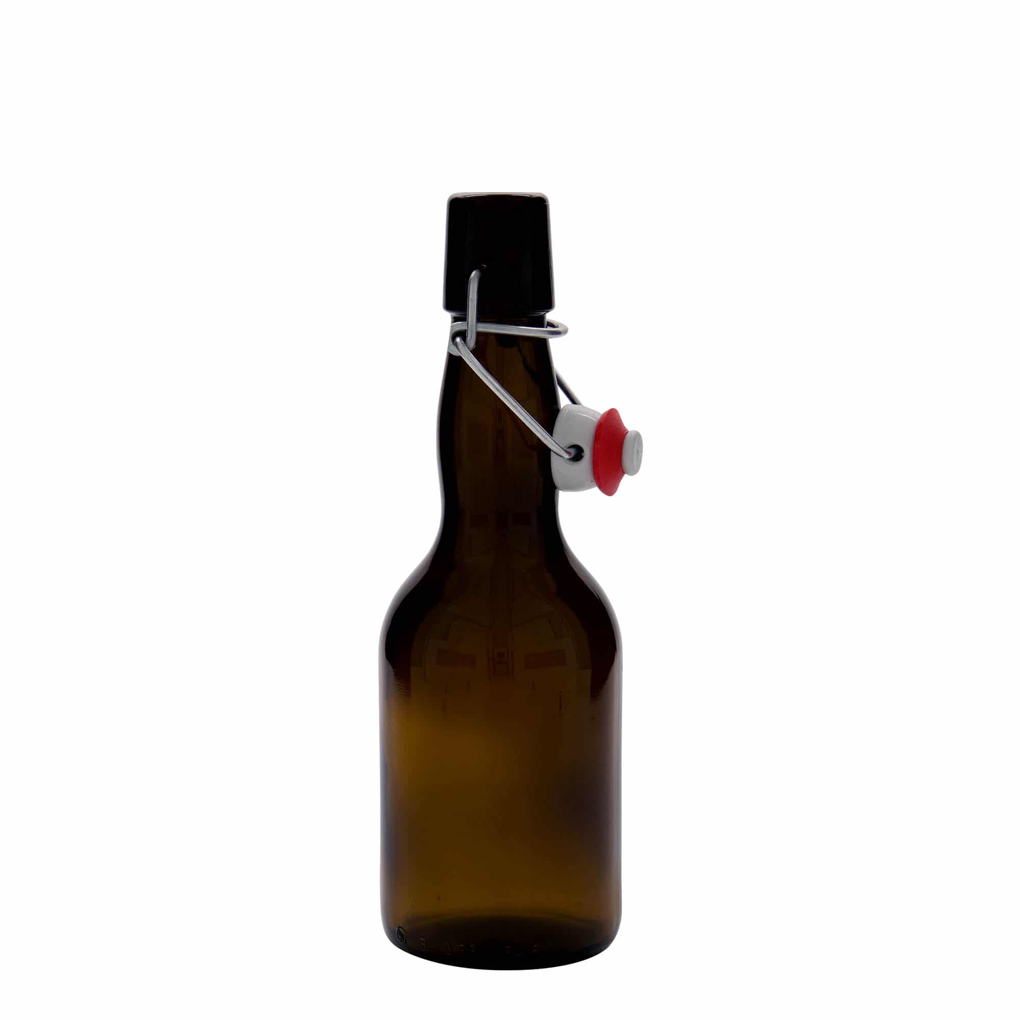330 ml ölflaska krökt hals, glas, brun, mynning: patentkork