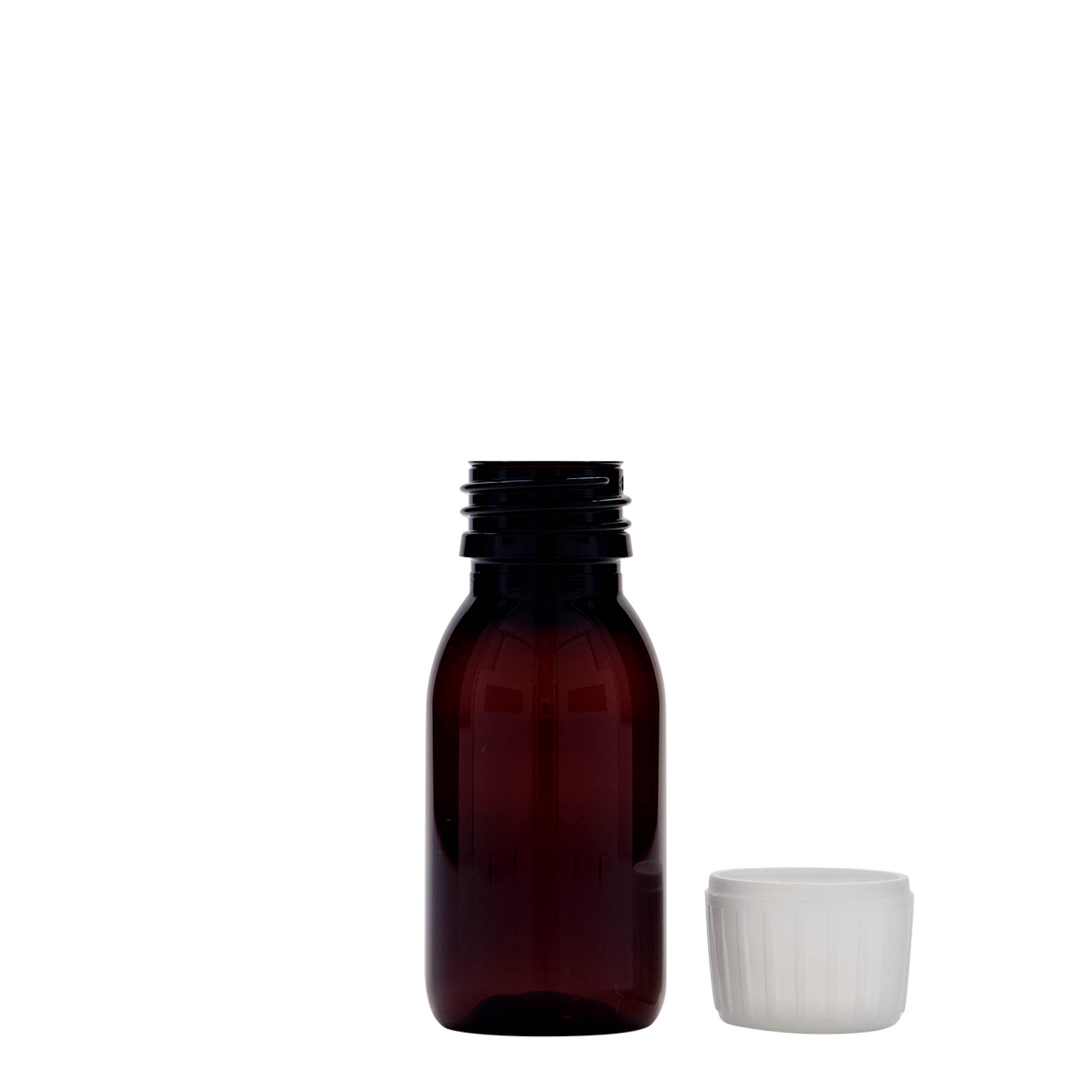 60 ml PET-medicinflaska, brun, plast, mynning: PP 28