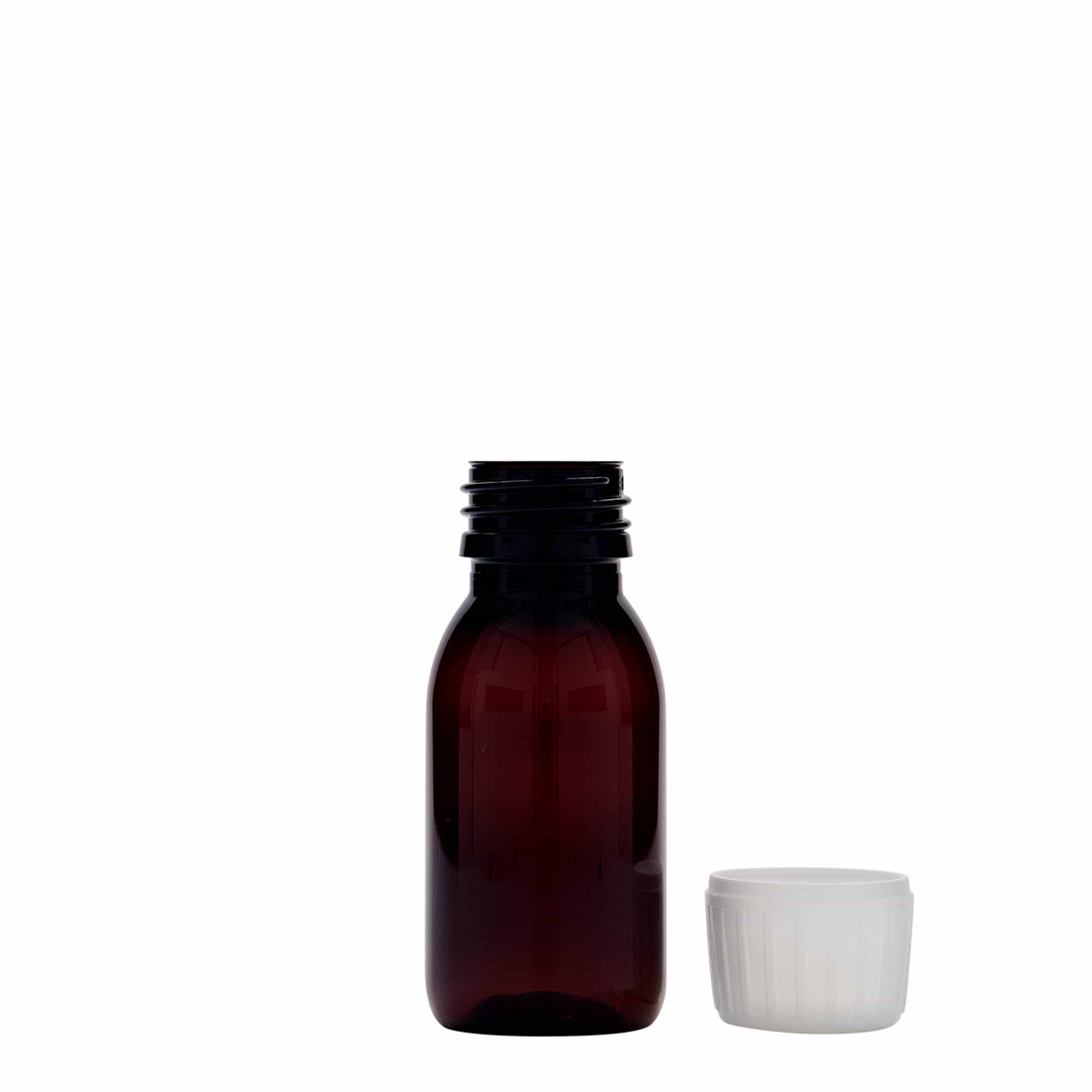 60 ml PET-medicinflaska, brun, plast, mynning: PP 28