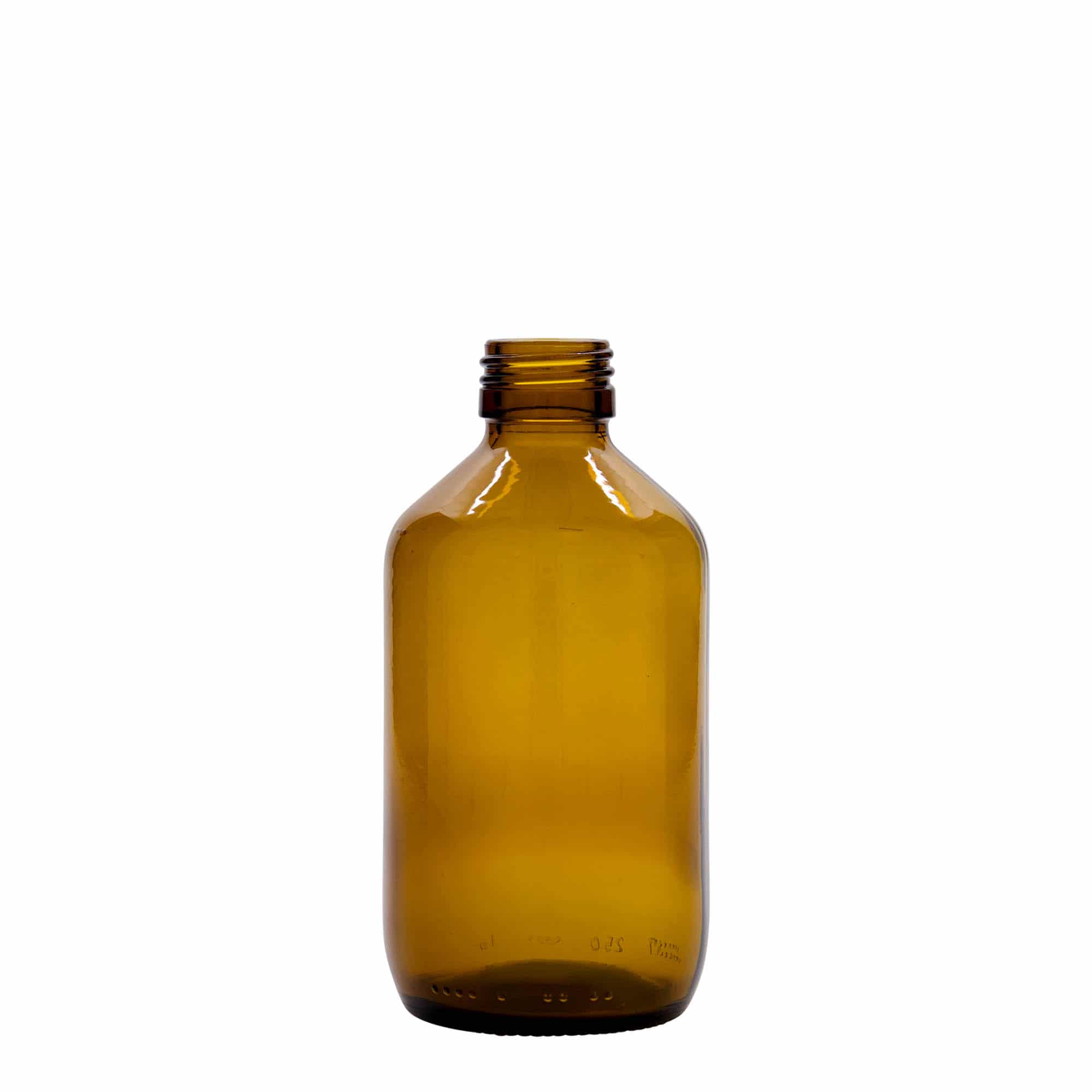 250 ml medicinflaska, brun, glas, mynning: PP 28 250 ml medicinflaska, brun, glas, mynning: PP 28