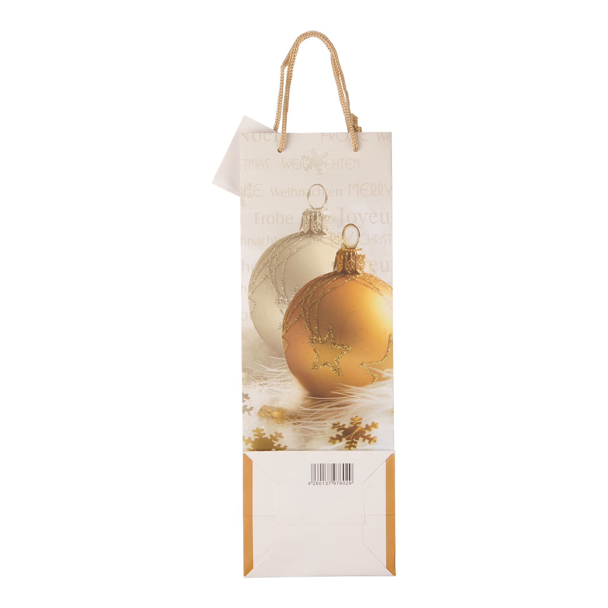 Presentpåse för flaska, motiv: God Jul, kvadratisk, papper, guld