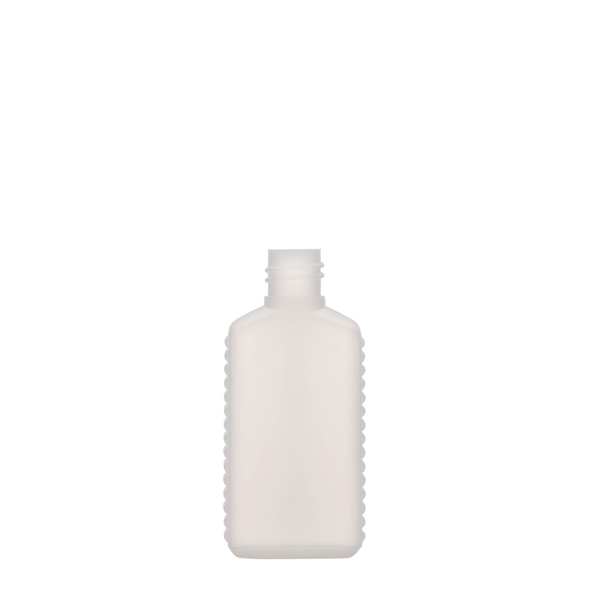 50 ml dunkflaska med smal hals, rektangulär, HDPE-plast, naturfärgad, öppning: DIN 18