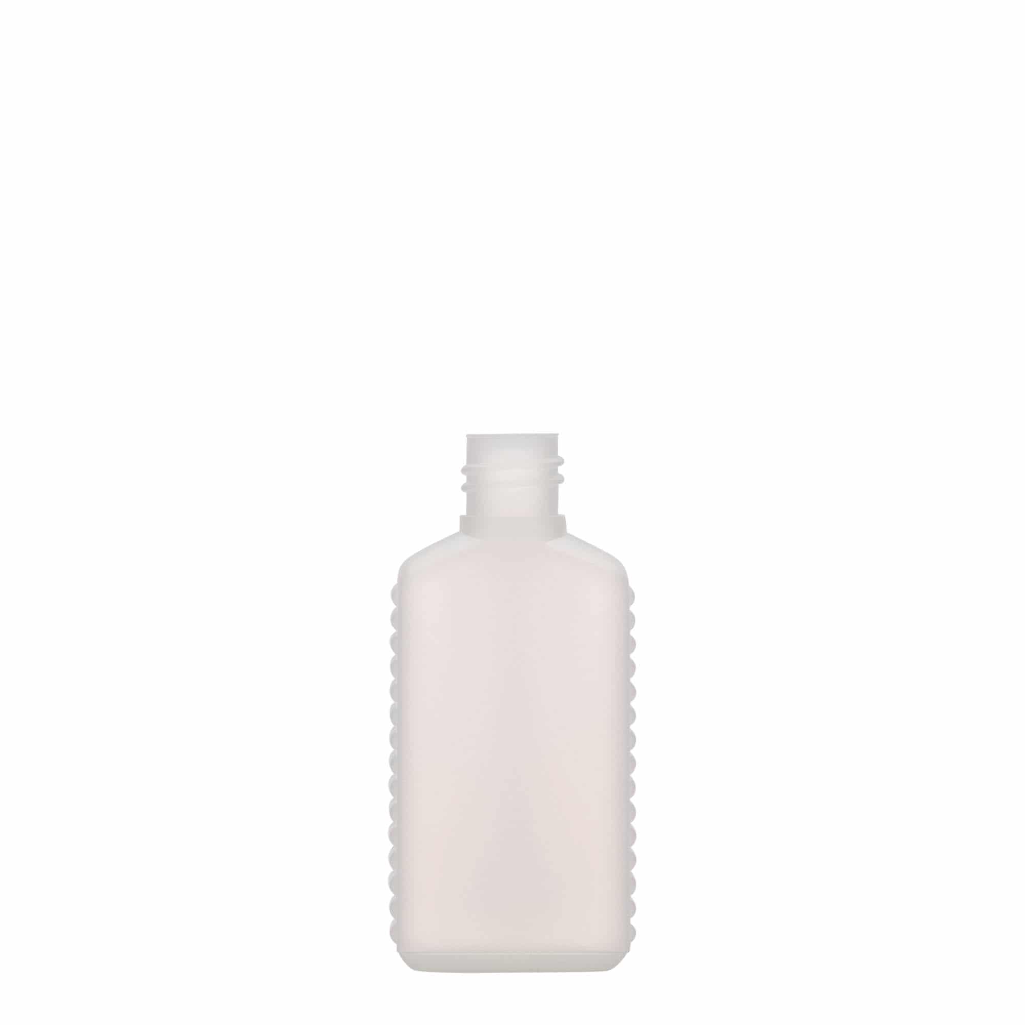 50 ml dunkflaska med smal hals, rektangulär, HDPE-plast, naturfärgad, öppning: DIN 18