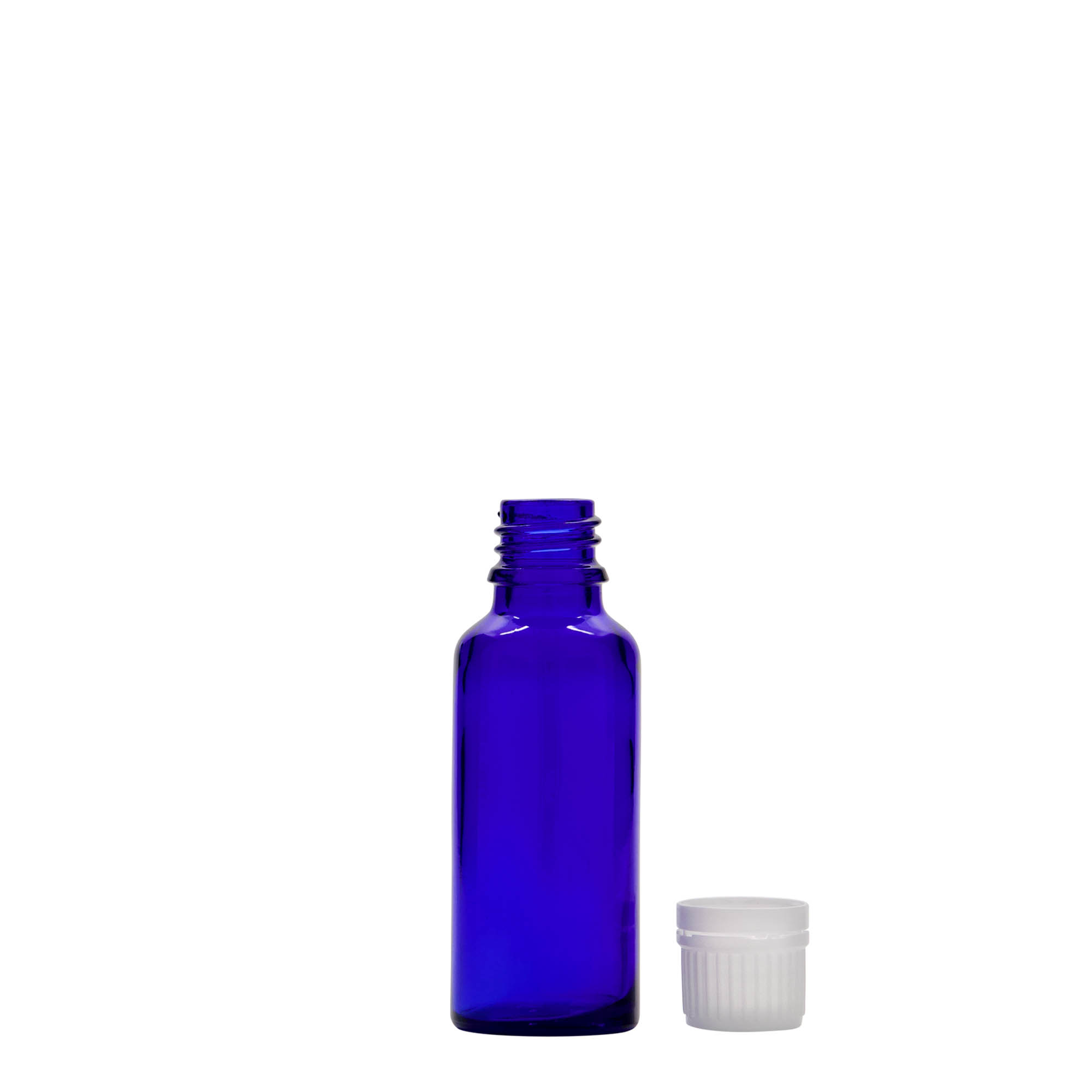 30 ml medicinflaska, glas, kungligt blå, mynning: DIN 18