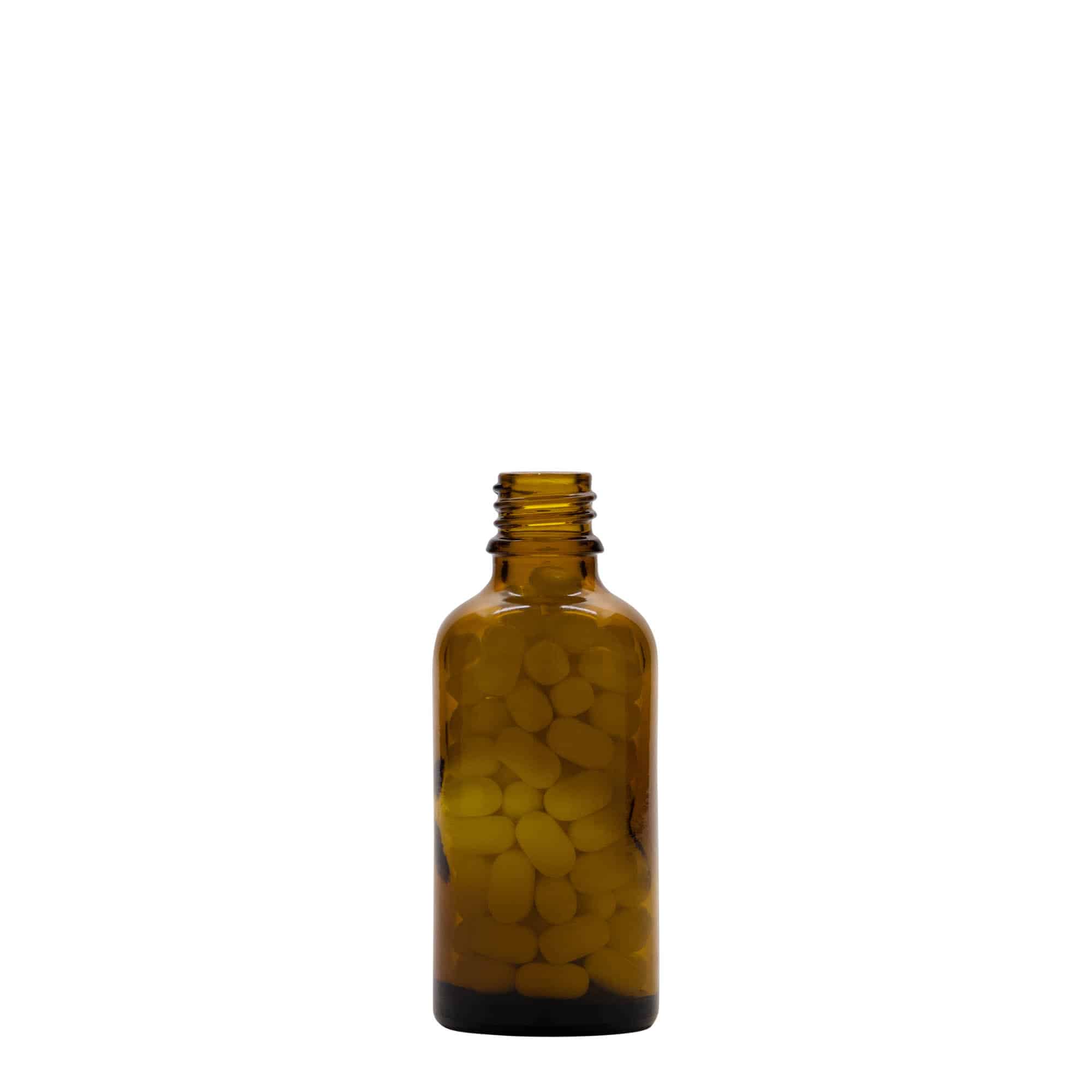 50 ml medicinflaska, glas, brun, mynning: DIN 18 50 ml medicinflaska, glas, brun, mynning: DIN 18