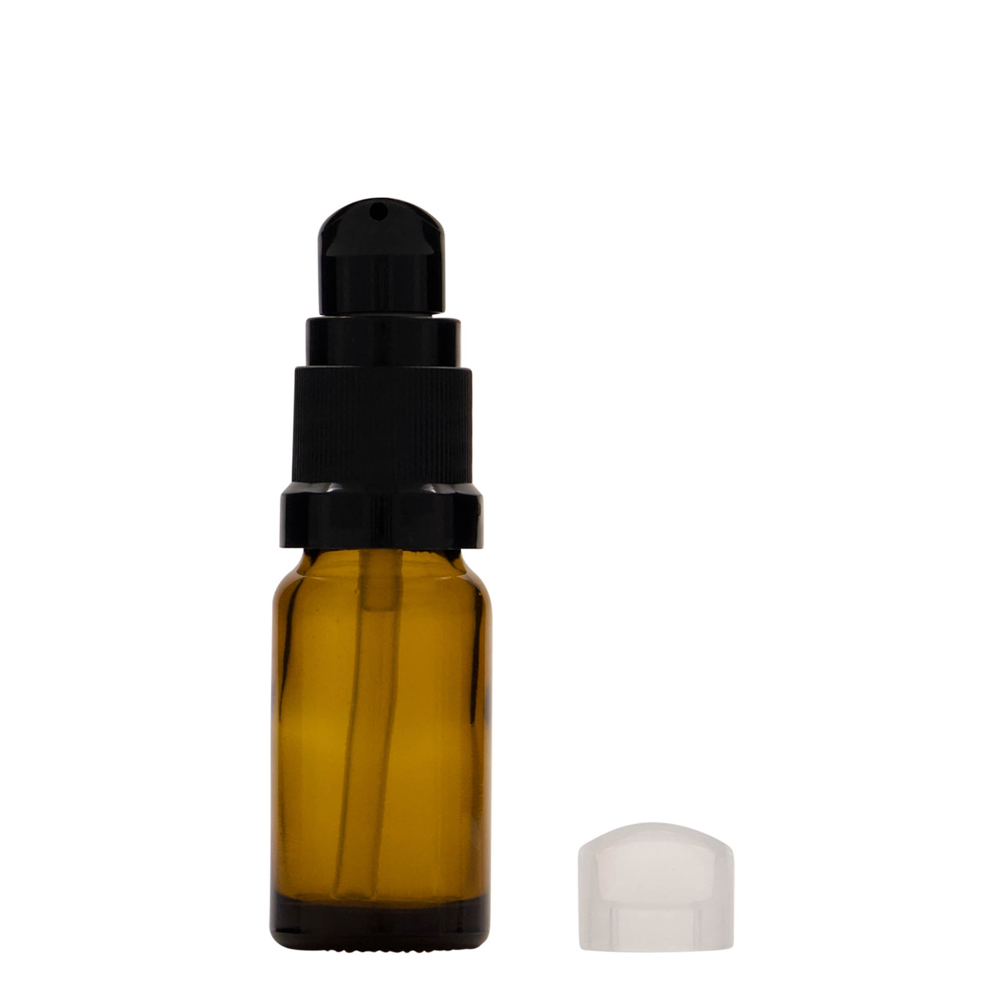 10 ml medicinflaska med lotionpump, glas, brun, mynning: DIN 18