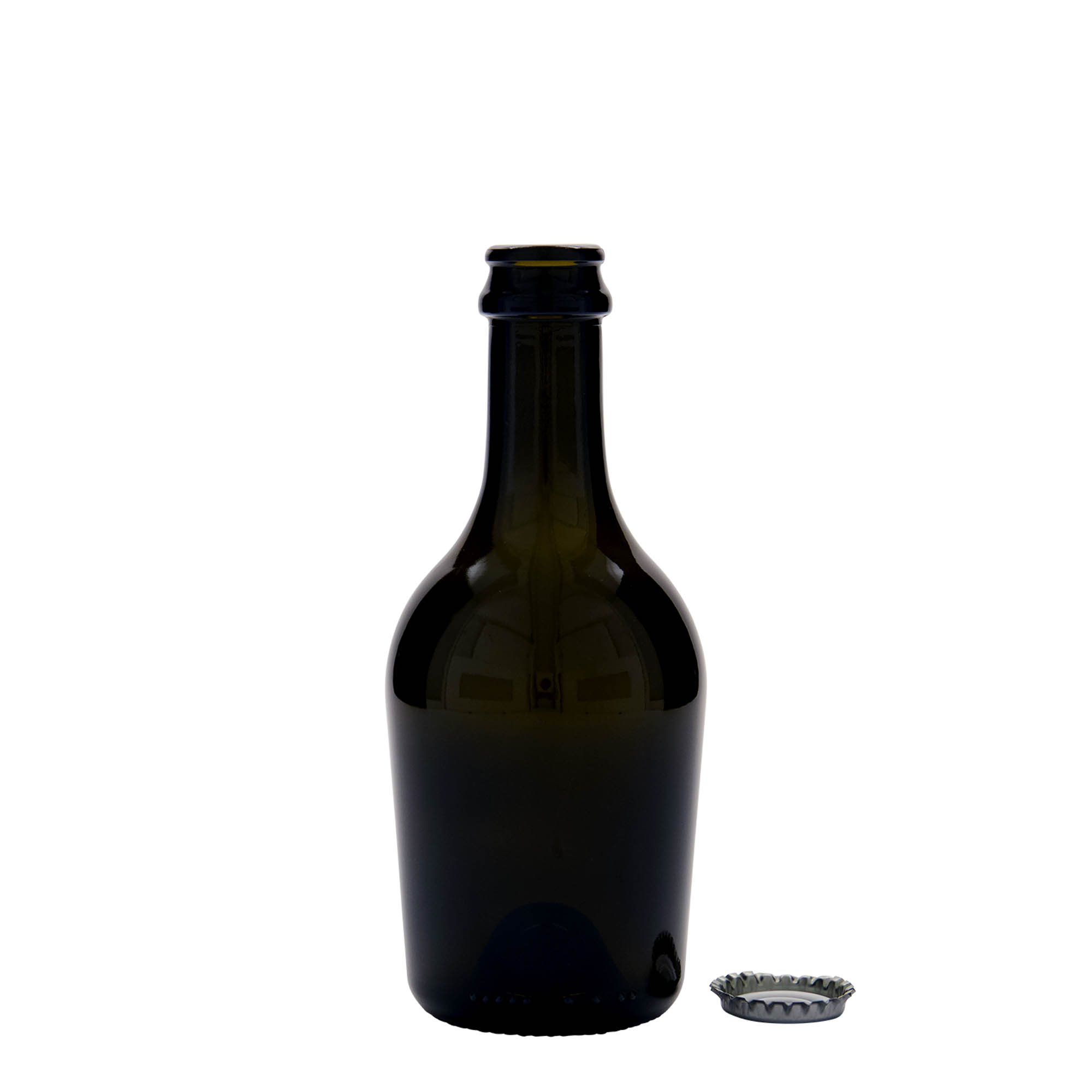 330 ml öl-/champagneflaska 'Butterfly', glas, antikgrön, öppning: kronkapsyl