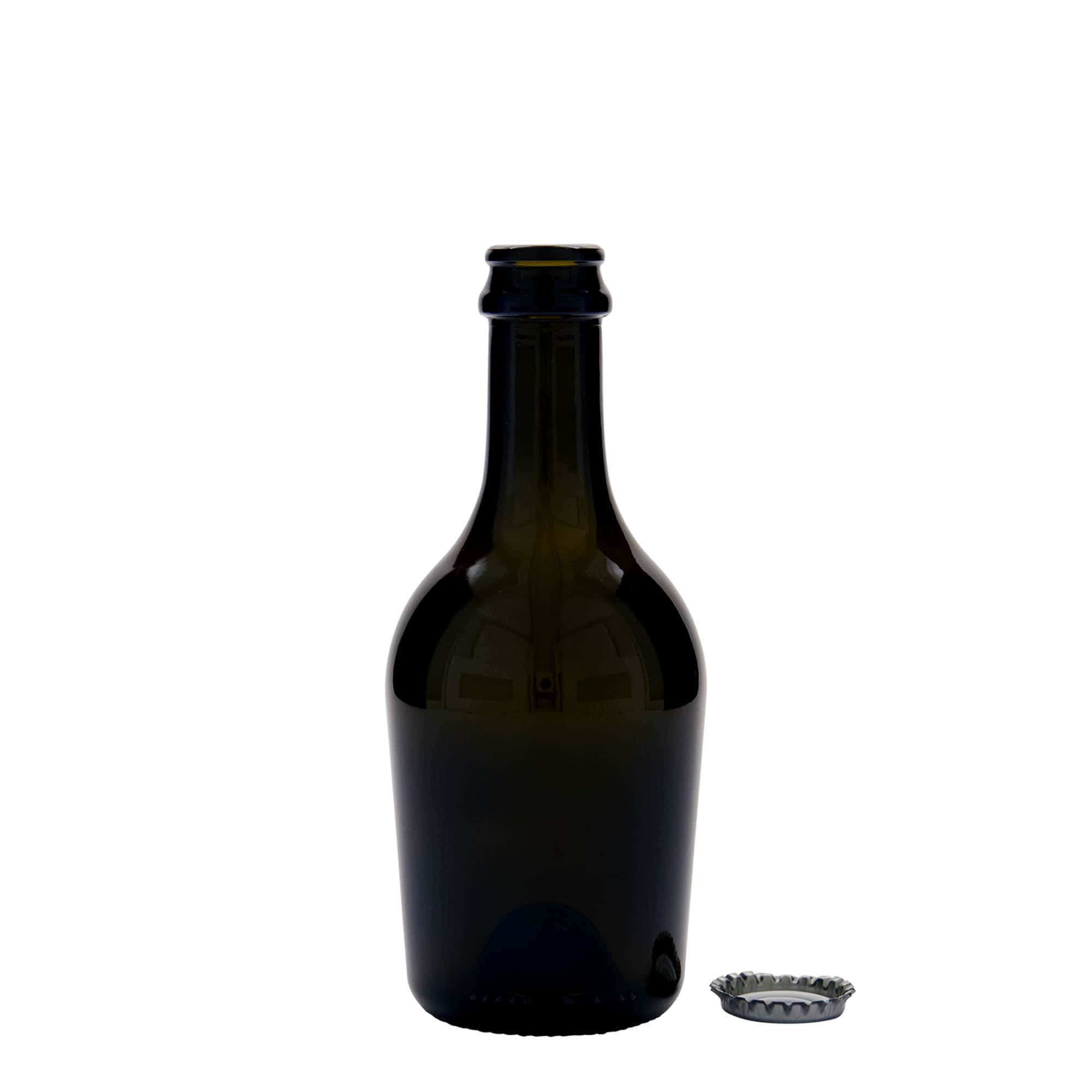 330 ml öl-/champagneflaska 'Butterfly', glas, antikgrön, öppning: kronkapsyl