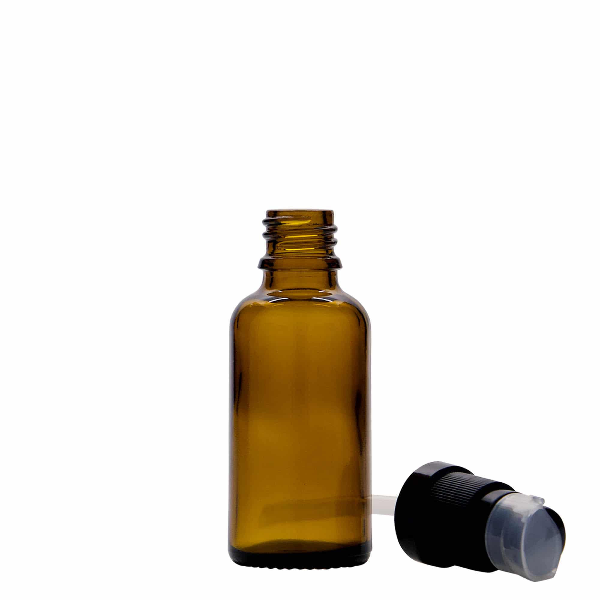 30 ml medicinflaska med lotionpump, glas, brun, mynning: DIN 18
