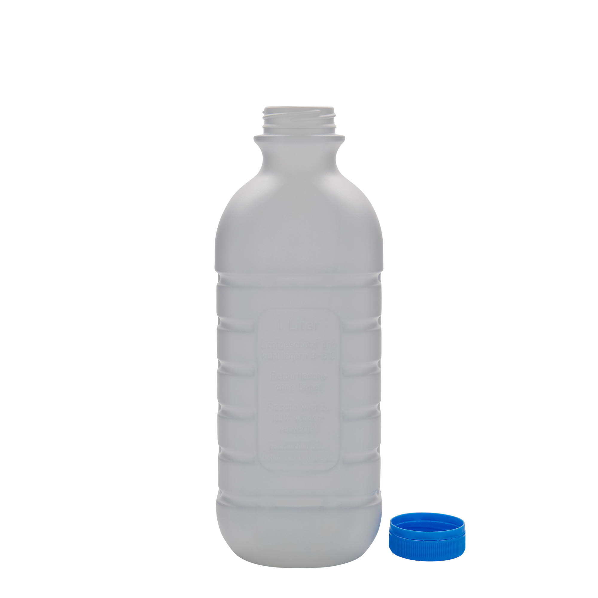 1 000 ml mjölkflaska, rektangulär, HDPE-plast, vit, mynning: PEHD40