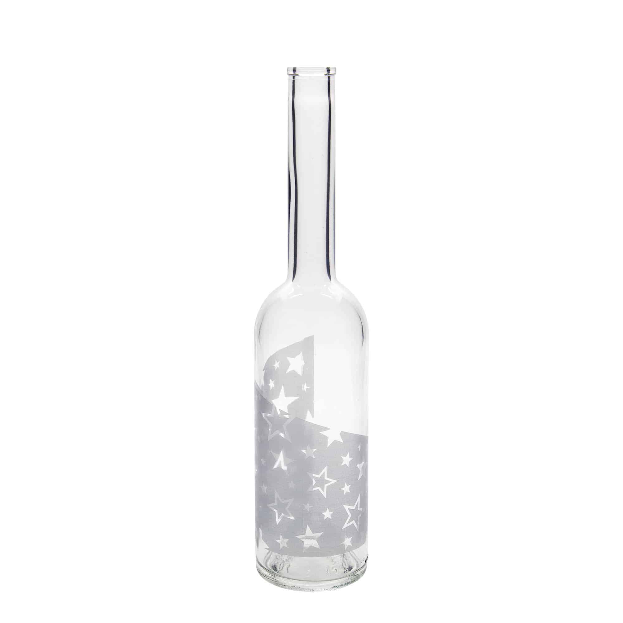 500 ml glasflaska 'Opera', motiv: silverstjärnor, mynning: kork