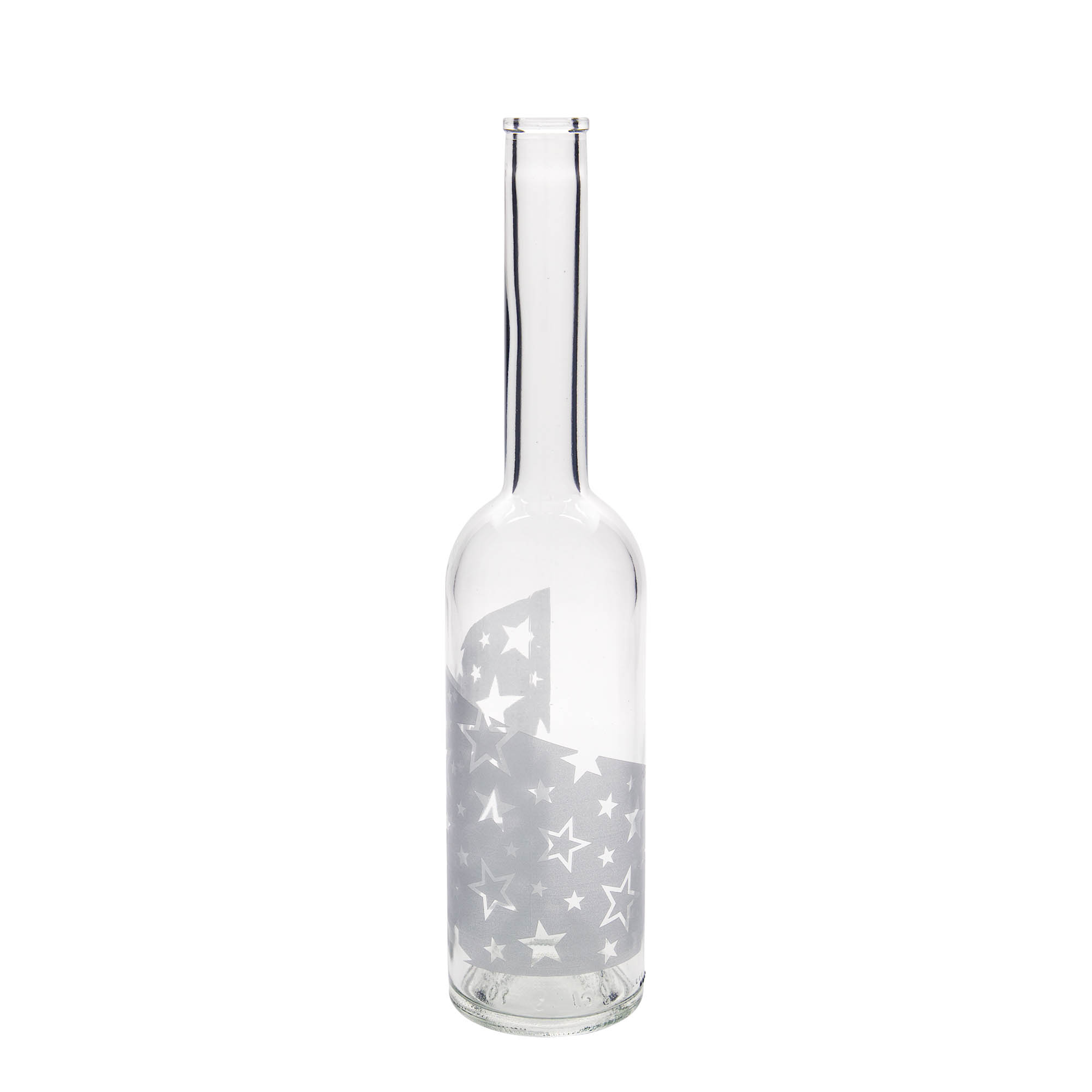500 ml glasflaska 'Opera', motiv: silverstjärnor, mynning: kork