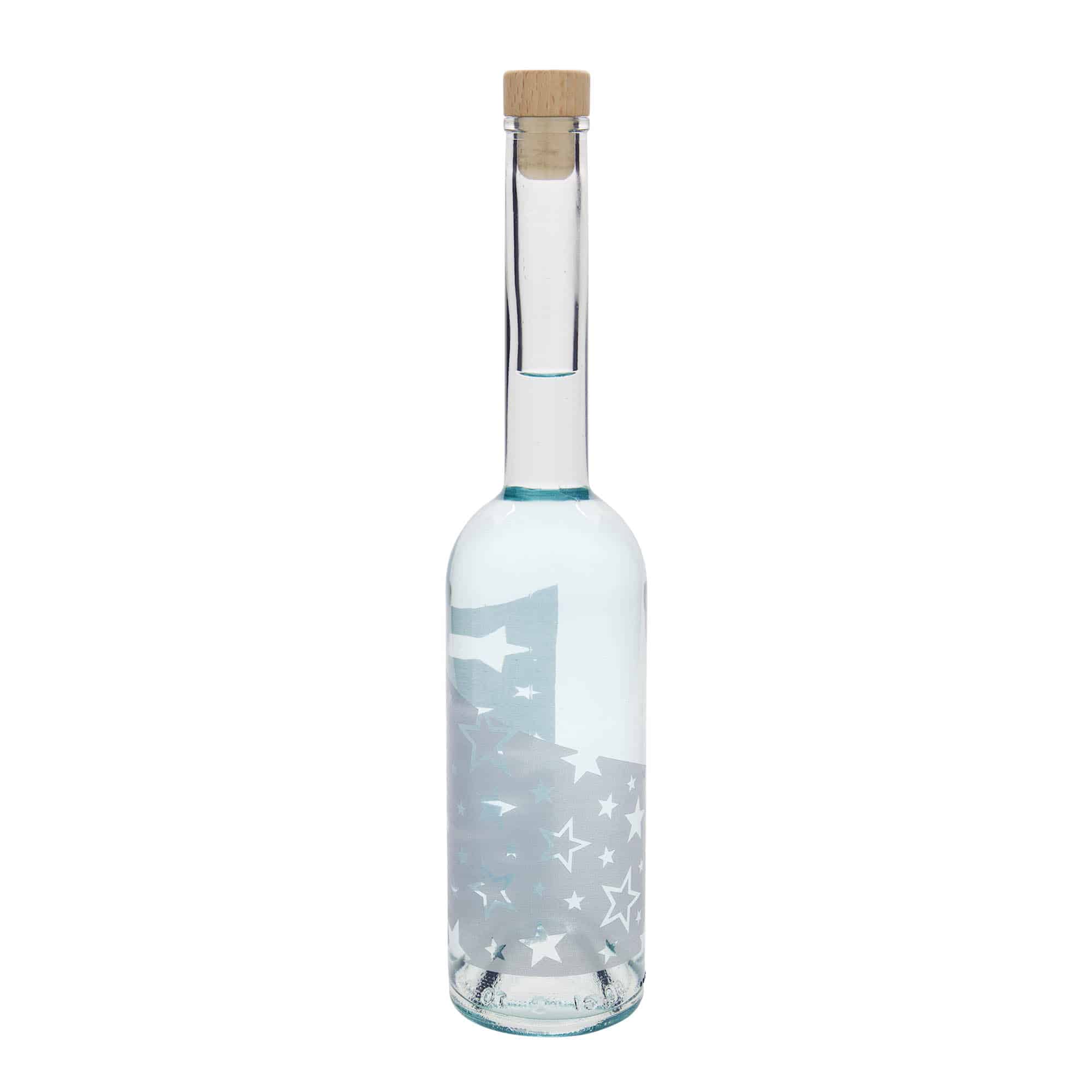 500 ml glasflaska 'Opera', motiv: silverstjärnor, mynning: kork