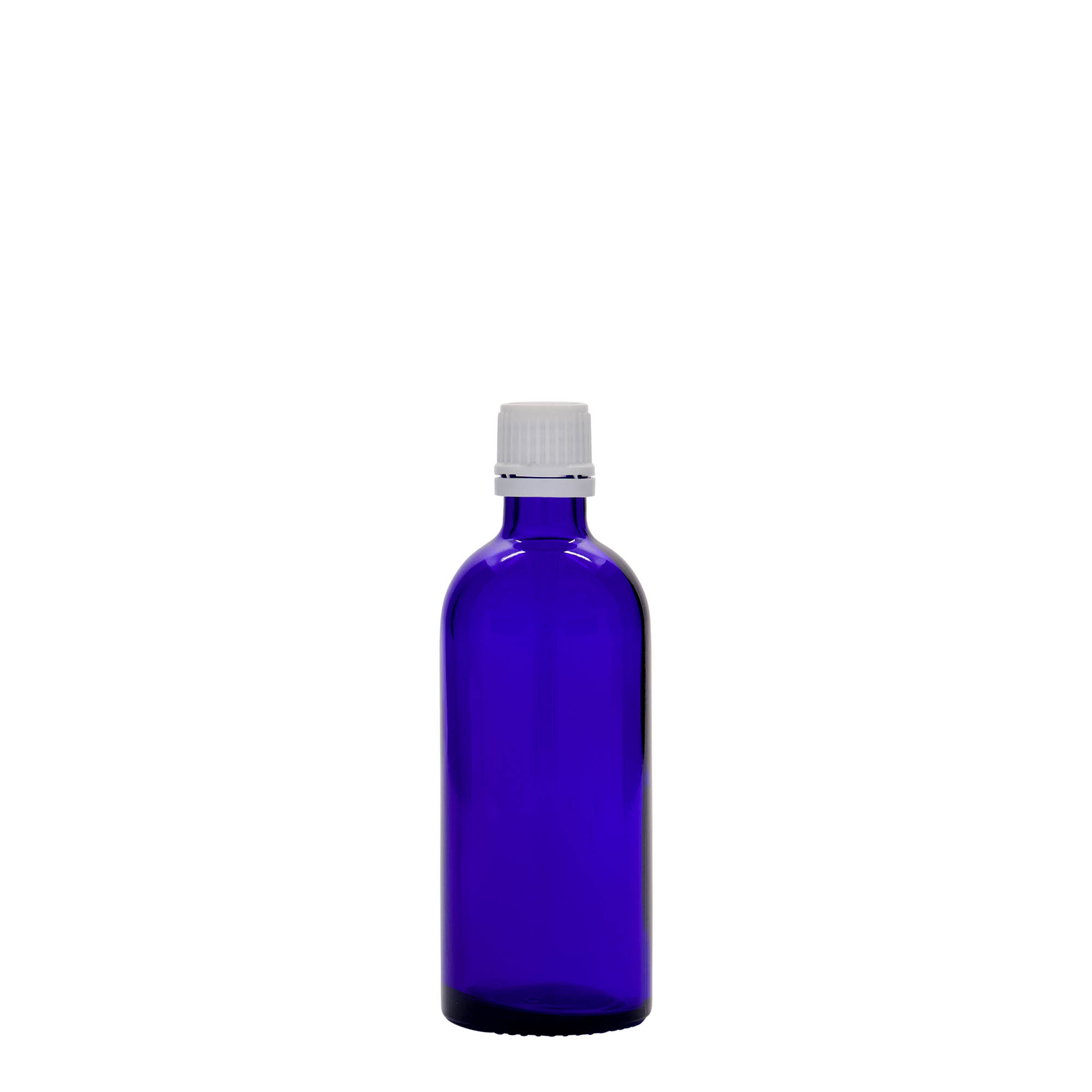 100 ml medicinflaska, glas, kungligt blå, mynning: DIN 18