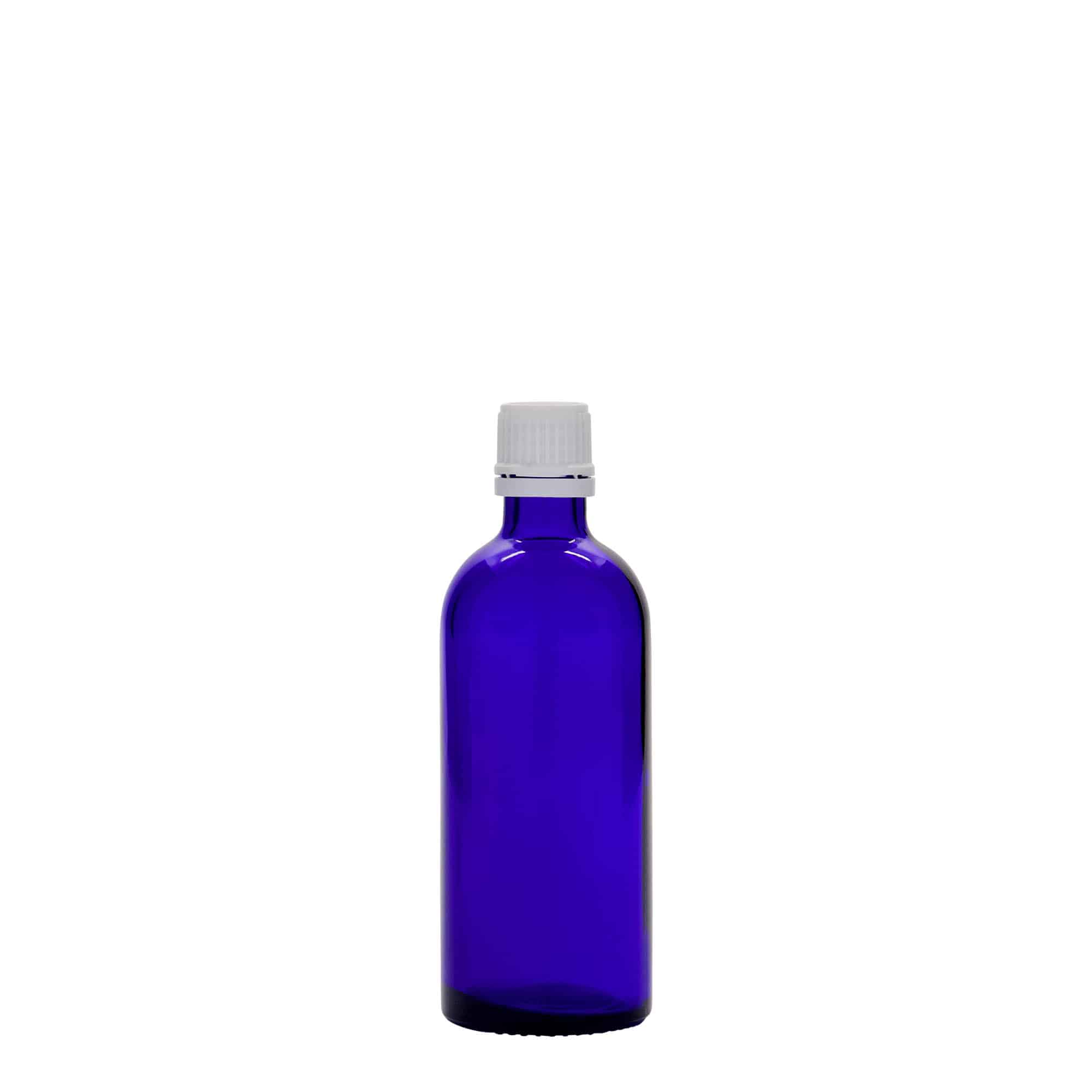 100 ml medicinflaska, glas, kungligt blå, mynning: DIN 18