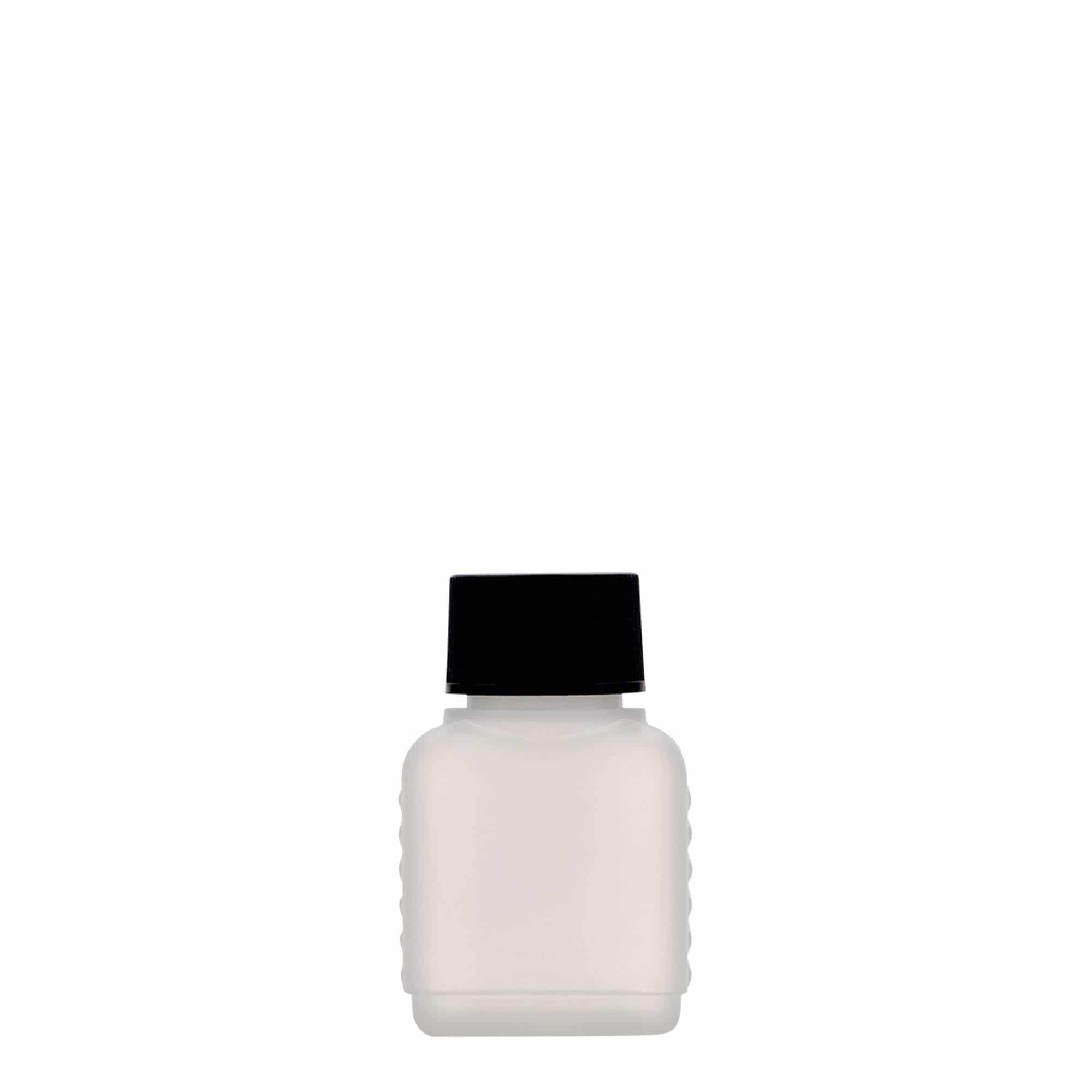 50 ml dunkflaska, rektangulär, HDPE-plast, natur, mynning: DIN 25