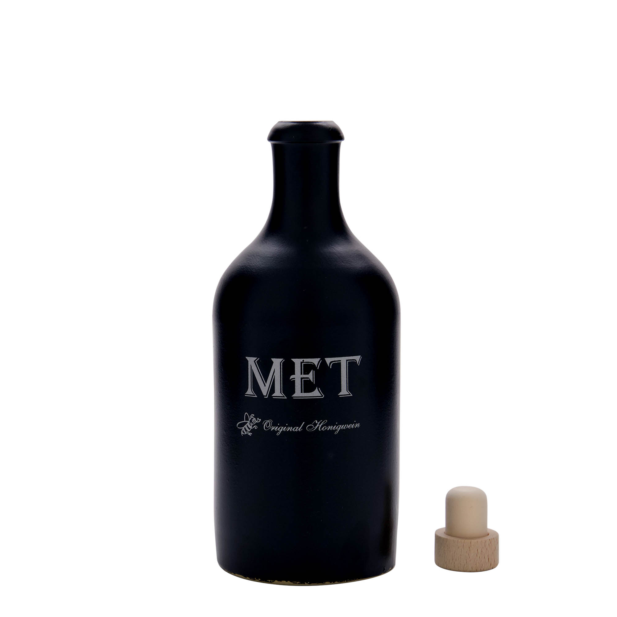 500 ml lerkrus, motiv: met, stengods, svart, mynning: kork