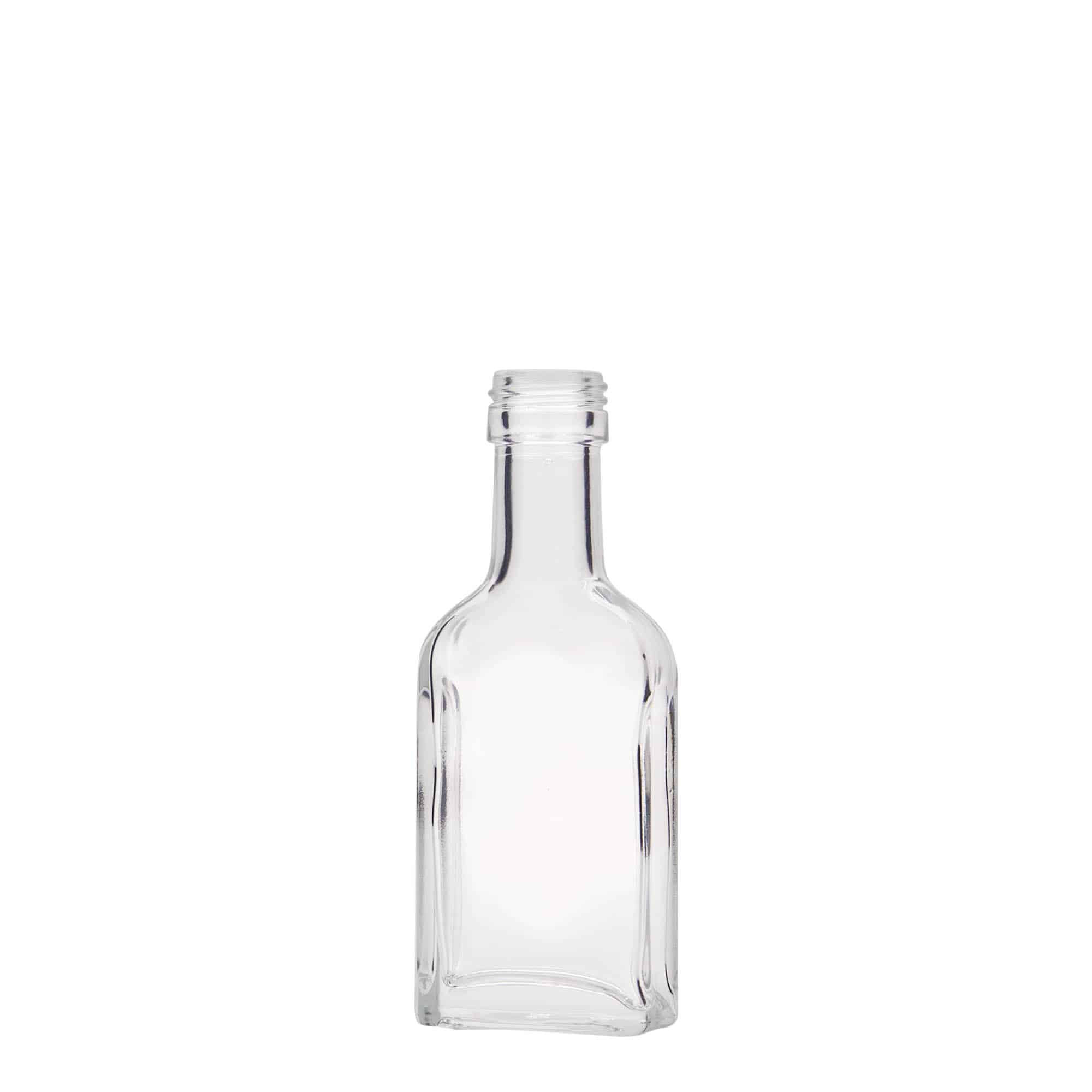 40 ml fickflaska lång hals, rektangulär, glas, öppning: PP 22 40 ml fickflaska lång hals, rektangulär, glas, öppning: PP 22