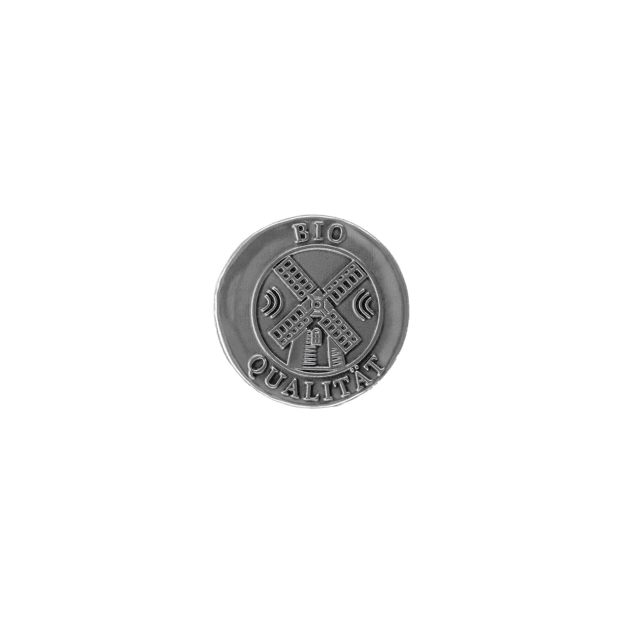 Tennetikett 'Biokvalitet', rund, metall, silver Tennetikett 'Biokvalitet', rund, metall, silver
