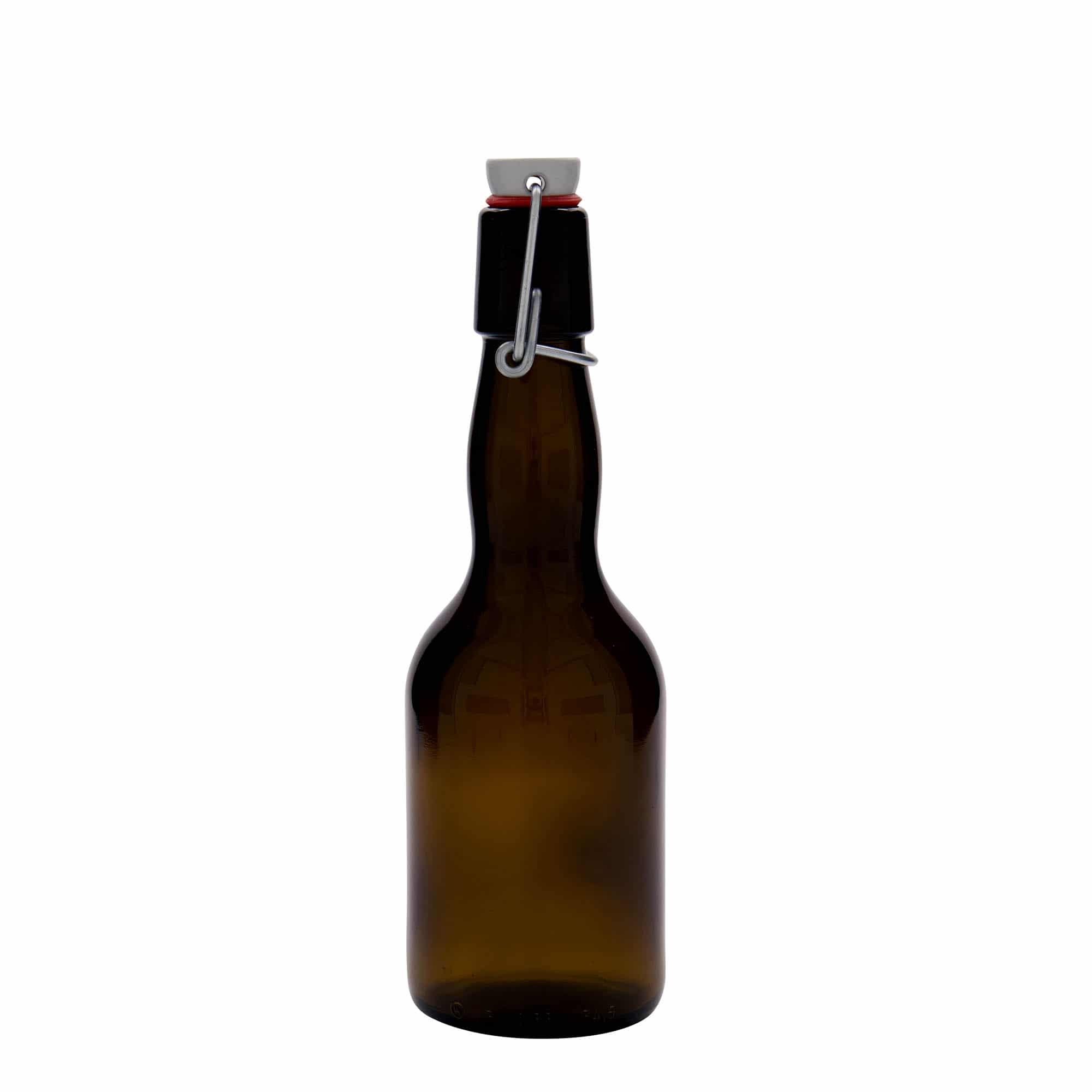 330 ml ölflaska krökt hals, glas, brun, mynning: patentkork
