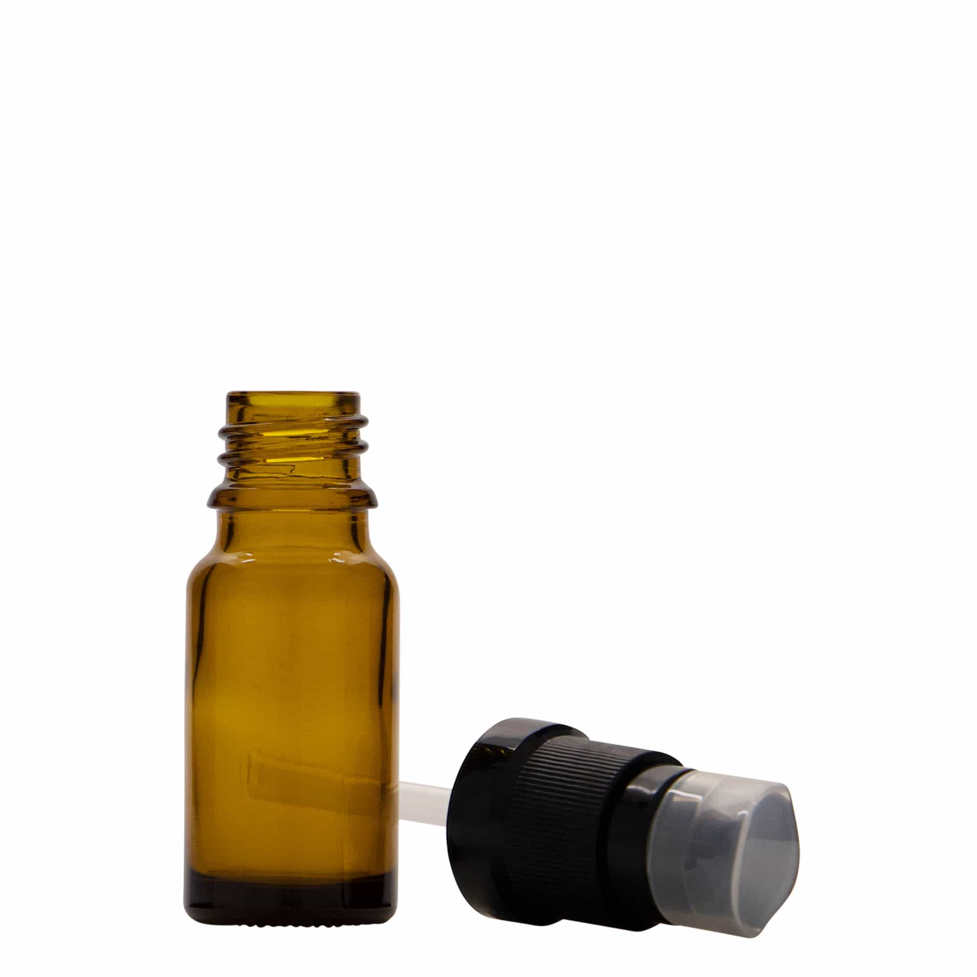 10 ml medicinflaska med lotionpump, glas, brun, mynning: DIN 18