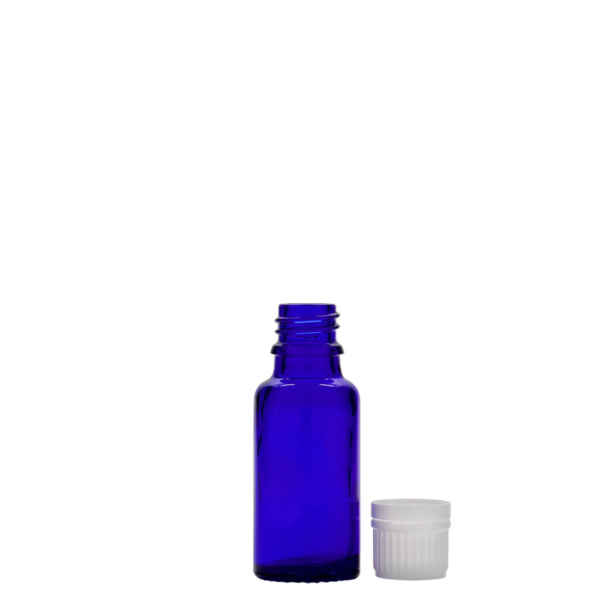 20 ml medicinflaska, glas, kungligt blå, mynning: DIN 18