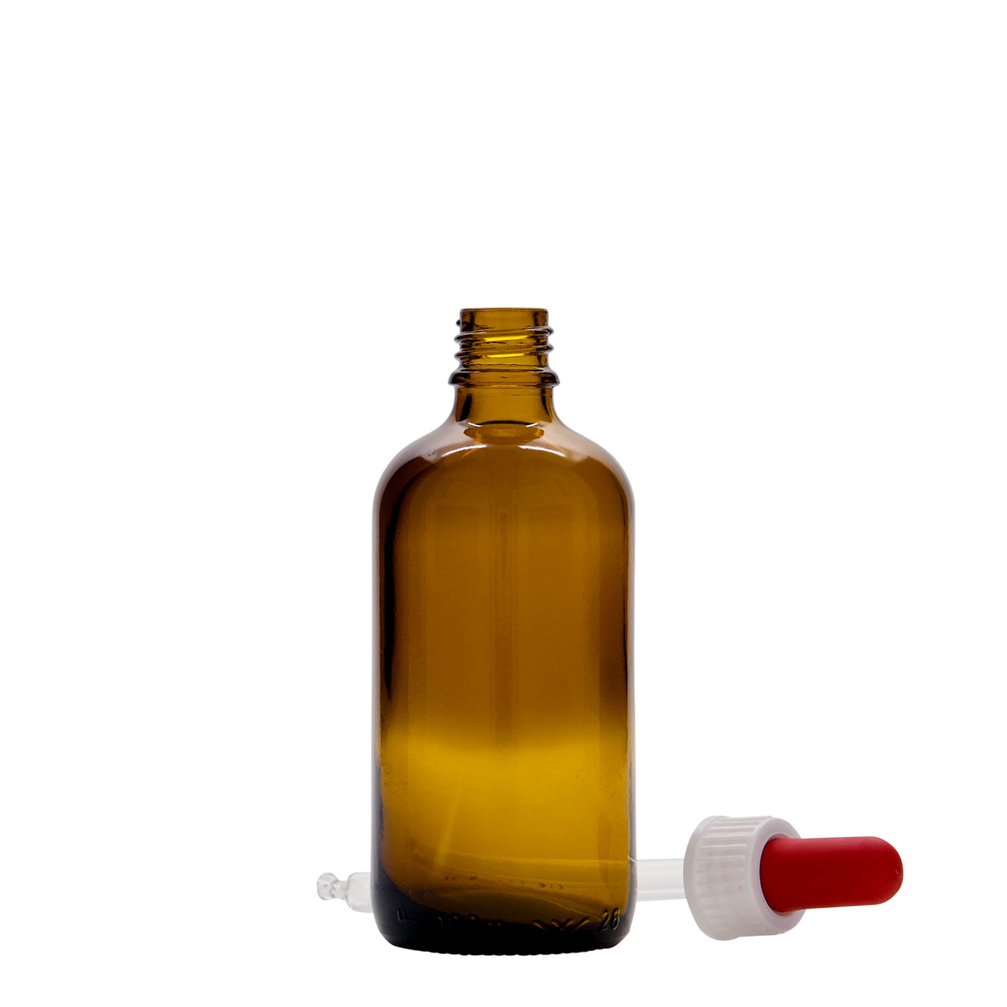 100 ml flaska med pipett, medicin, glas, brun-röd, mynning: DIN 18