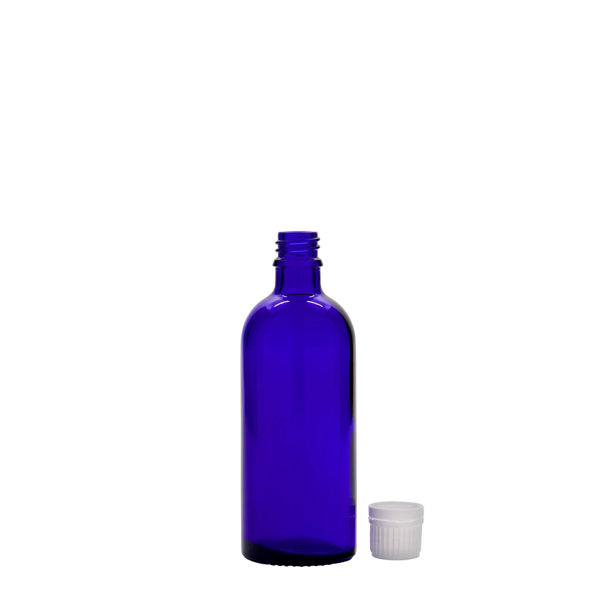 100 ml medicinflaska, glas, kungligt blå, mynning: DIN 18