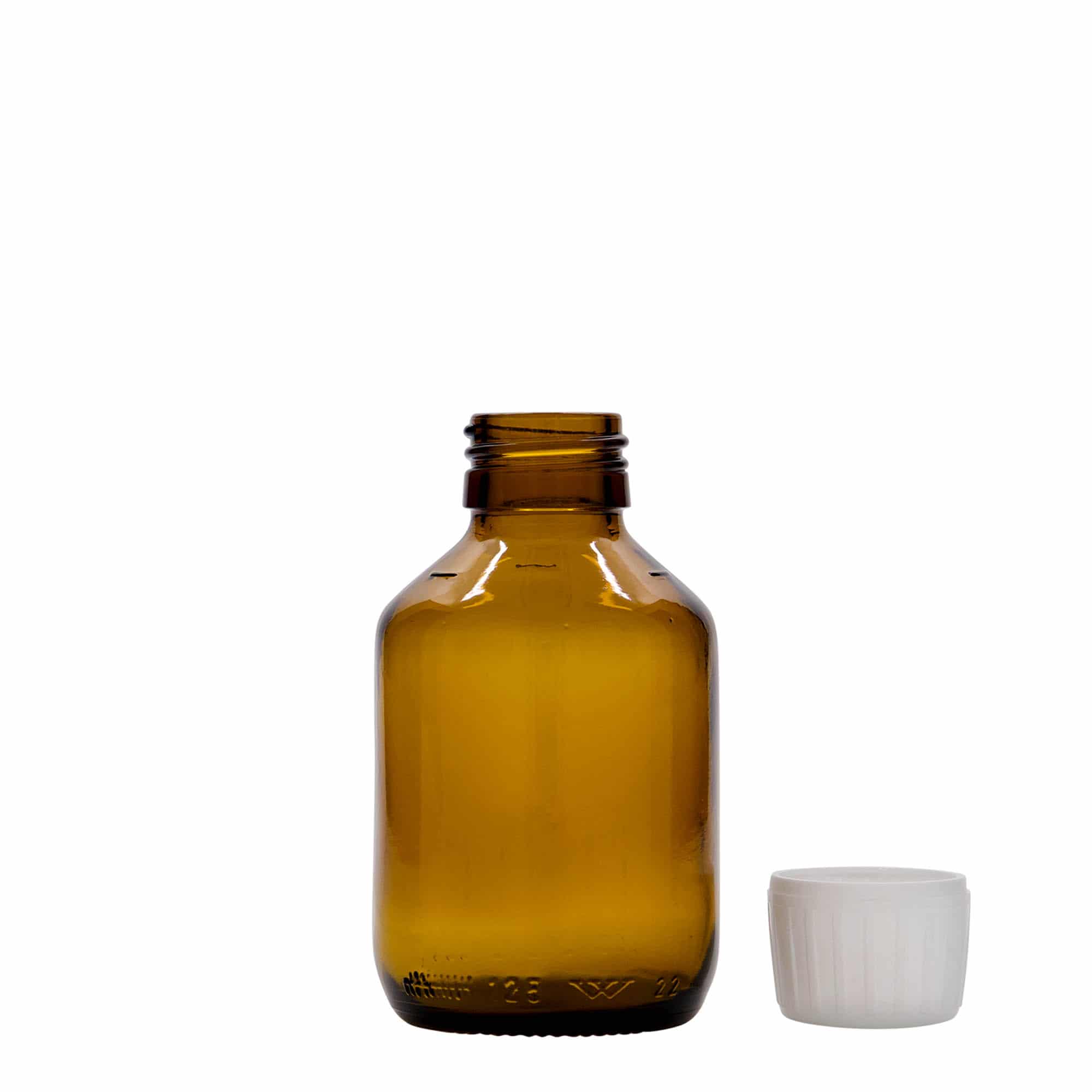 125 ml medicinflaska, brun, glas, mynning: PP 28