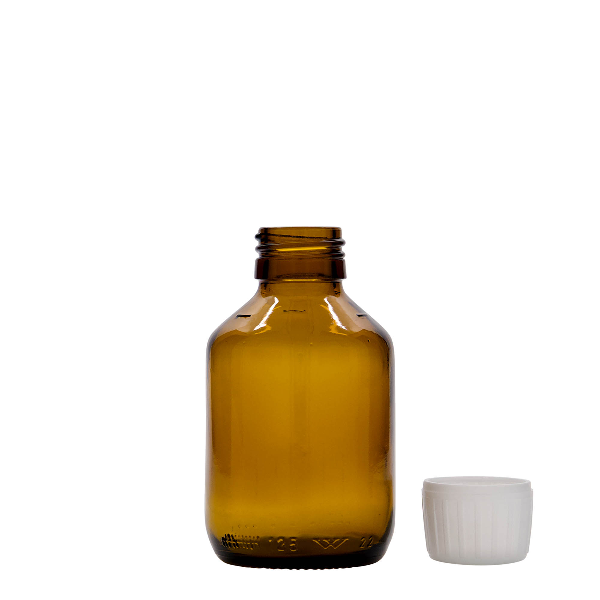 125 ml medicinflaska, brun, glas, öppning: PP 28