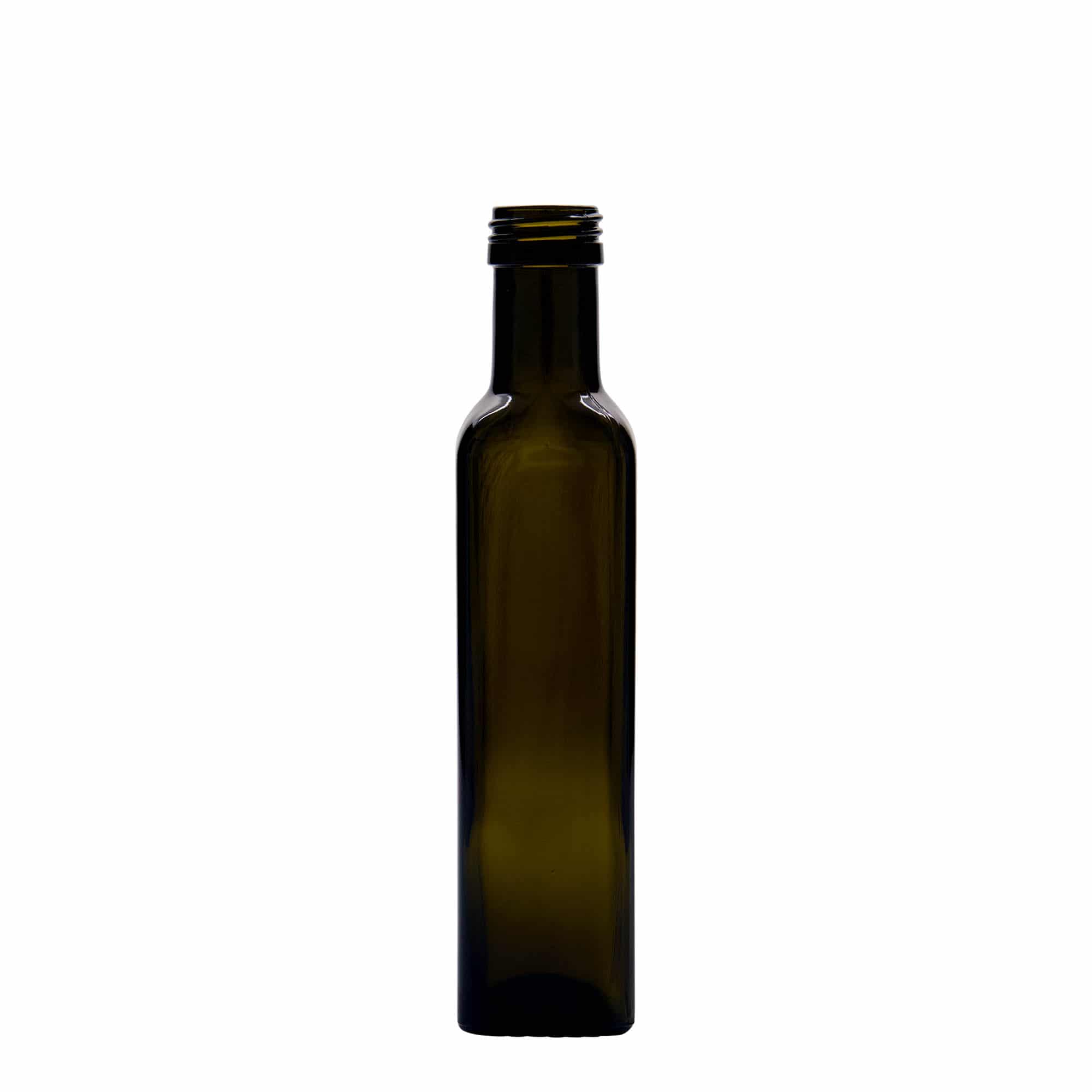250 ml glasflaska 'Marasca', kvadratisk, antikgrön, mynning: PP 31,5